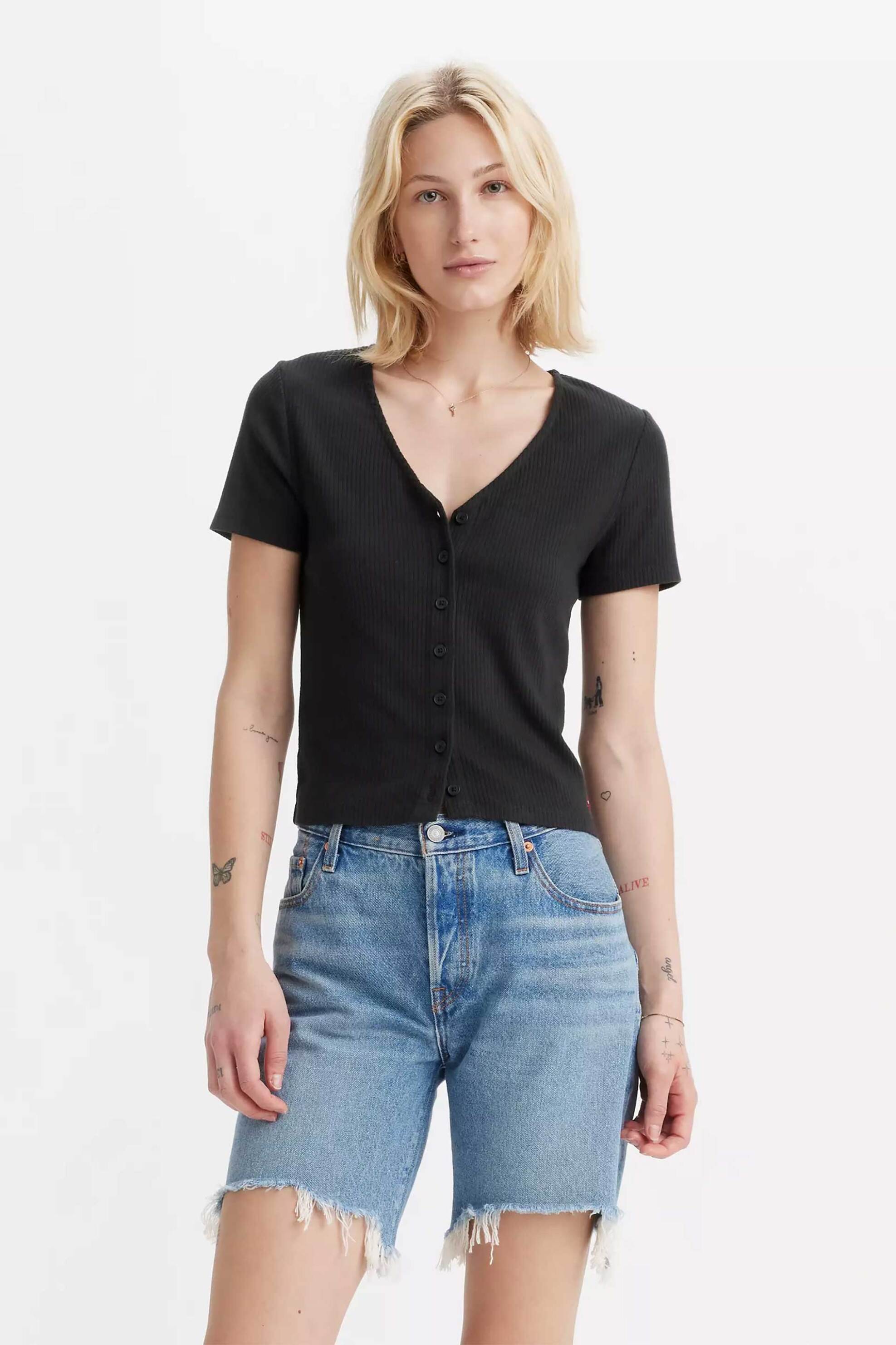LEVI'S Levi's® γυναικεία μπλούζα ribbed με κουμπιά και V λαιμόκοψη Slim Fit "Muse" - A87820000 Μαύρο
