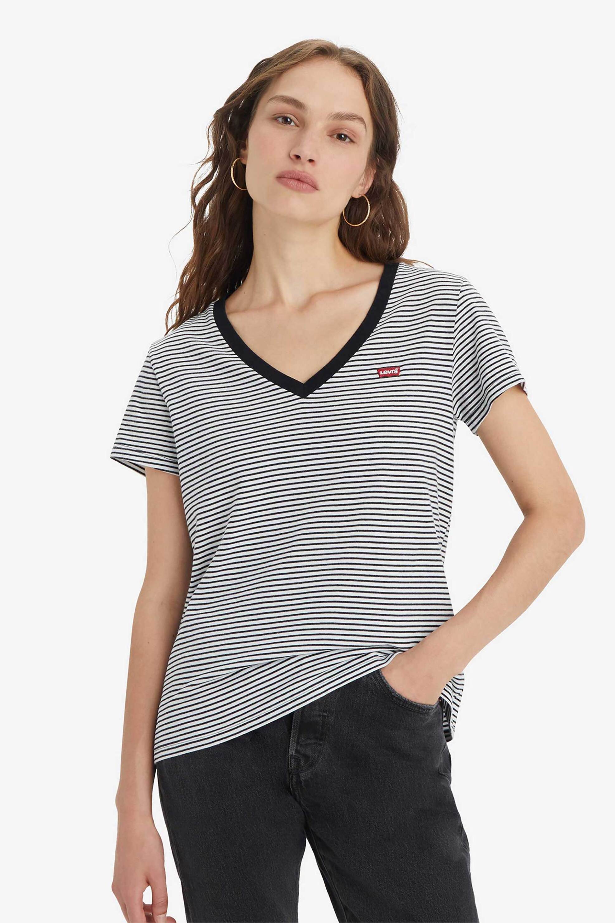 LEVI'S Levi's® γυναικείο T-shirt με ριγέ σχέδιο και κεντημένο λογότυπο Regular Fit "The Perfect V-Neck" - 853410004 Ασπρόμαυρο