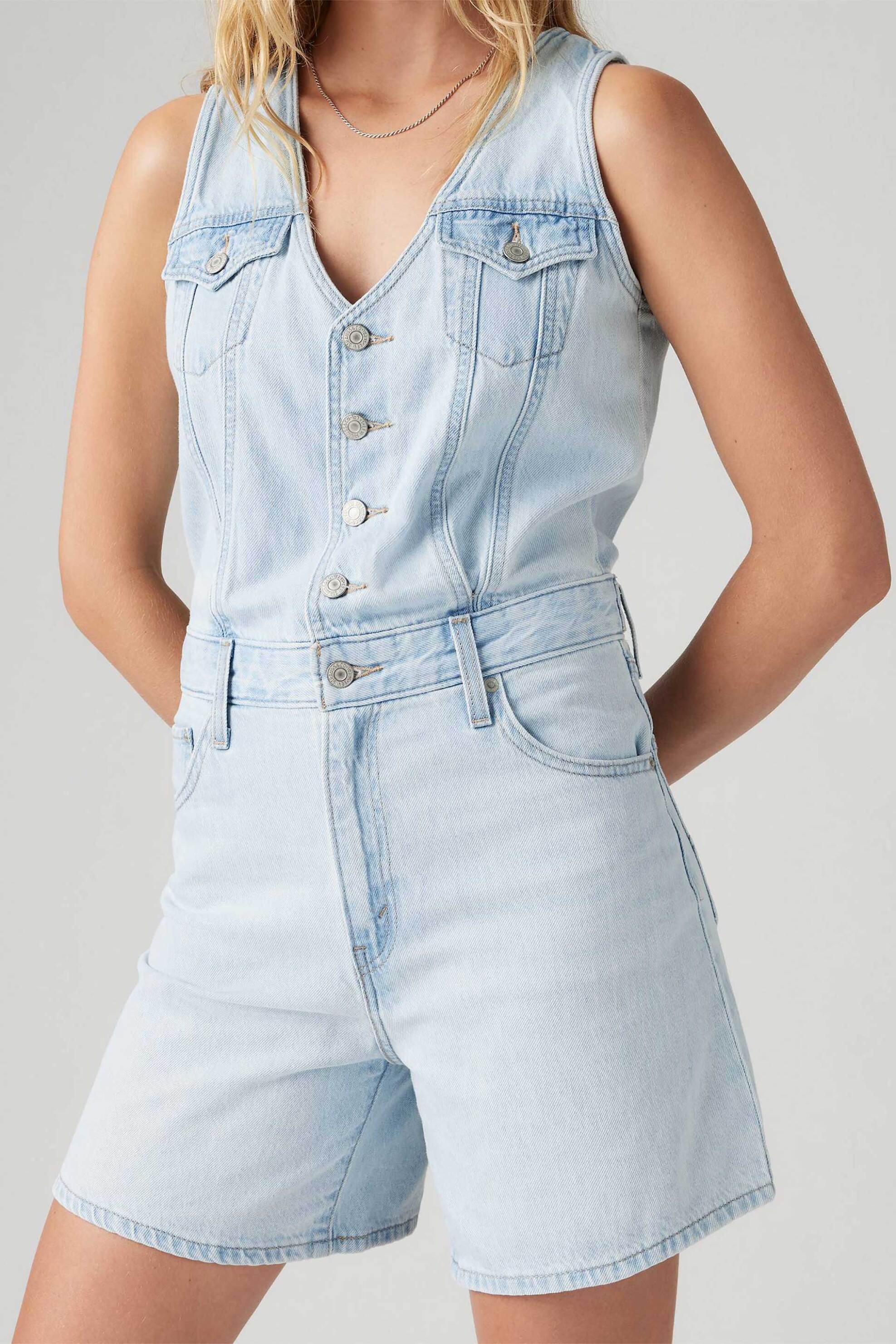 Levi's® γυναικεία denim ολόσωμη φόρμα αμάνικη πεντάτσεπη Standard Fit "Vest Romper" - 001WM0000 Denim Blue Ανοιχτό φωτογραφία