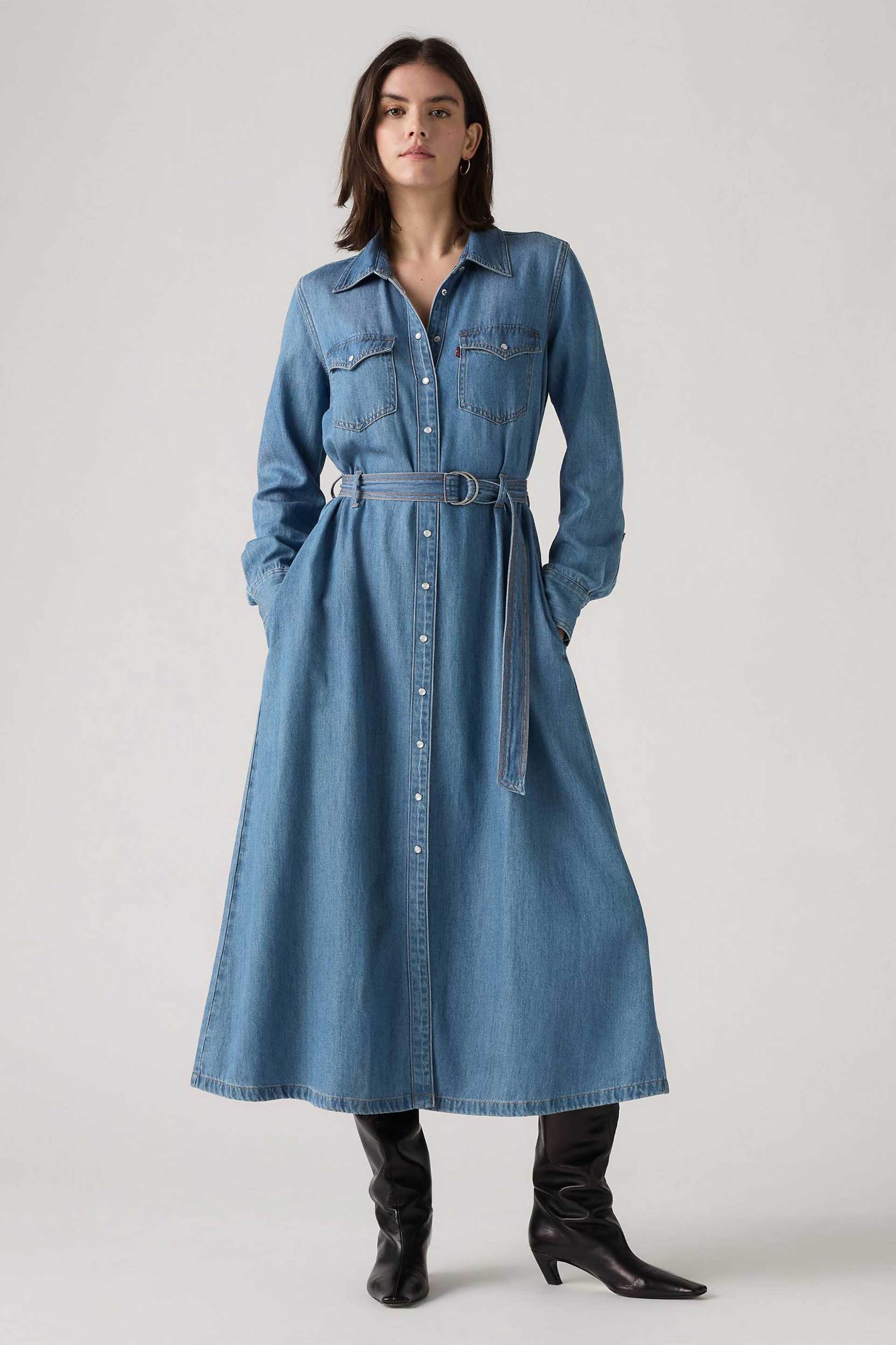 Levi's® γυναικείο midi φόρεμα denim σεμιζιέ με ζώνη Standard Fit "Quincey" - 004H30000 Denim Blue