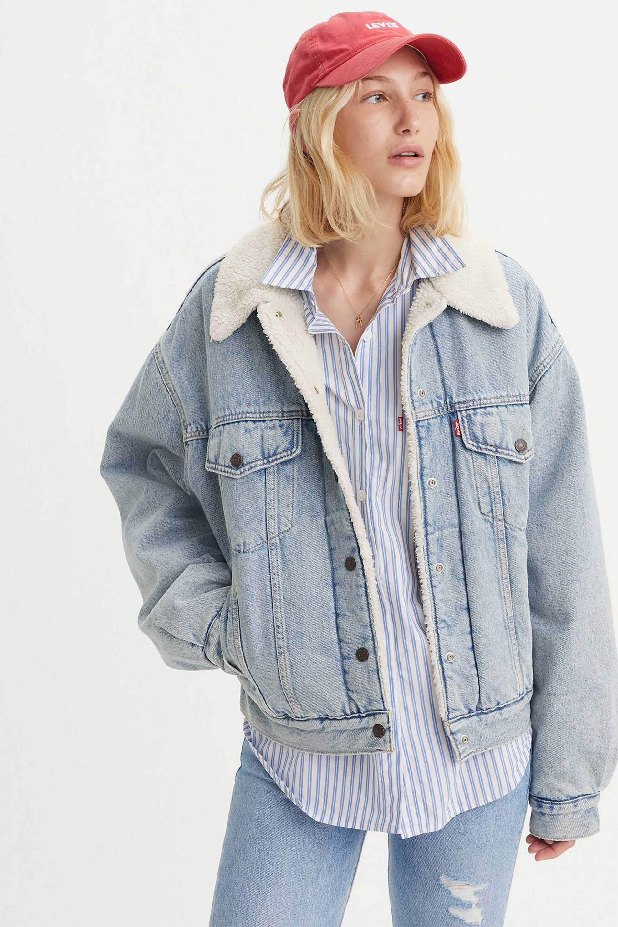 Levi's® γυναικείο denim jacket με μπουκλέ γιακά και επένδυση Relaxed Fit "90's" - A44350010 Denim Blue