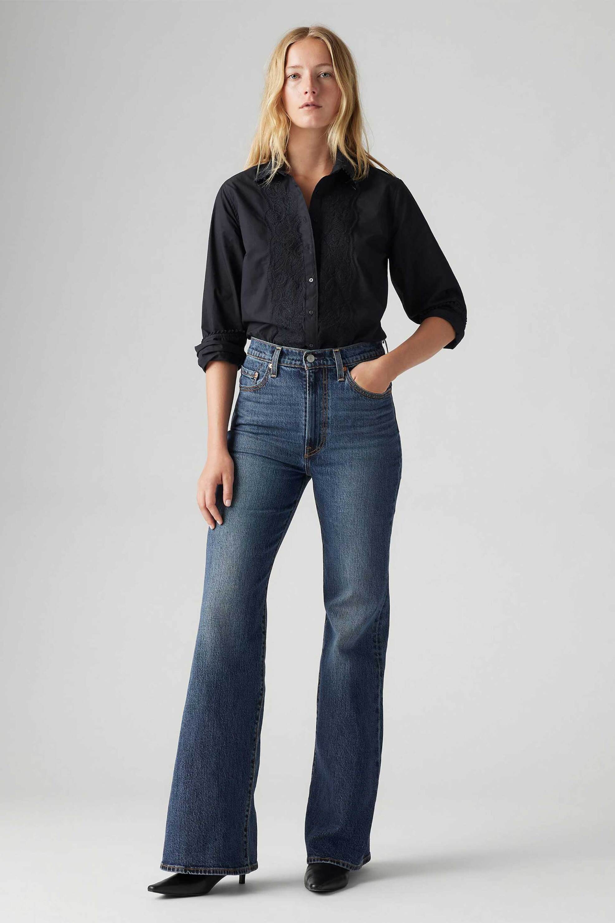 Levi's® γυναικείο ψηλόμεσο τζιν παντελόνι πεντάτσεπο Slim Flared Fit "Ribcage Bell" - A75030019 Denim Blue Σκούρο