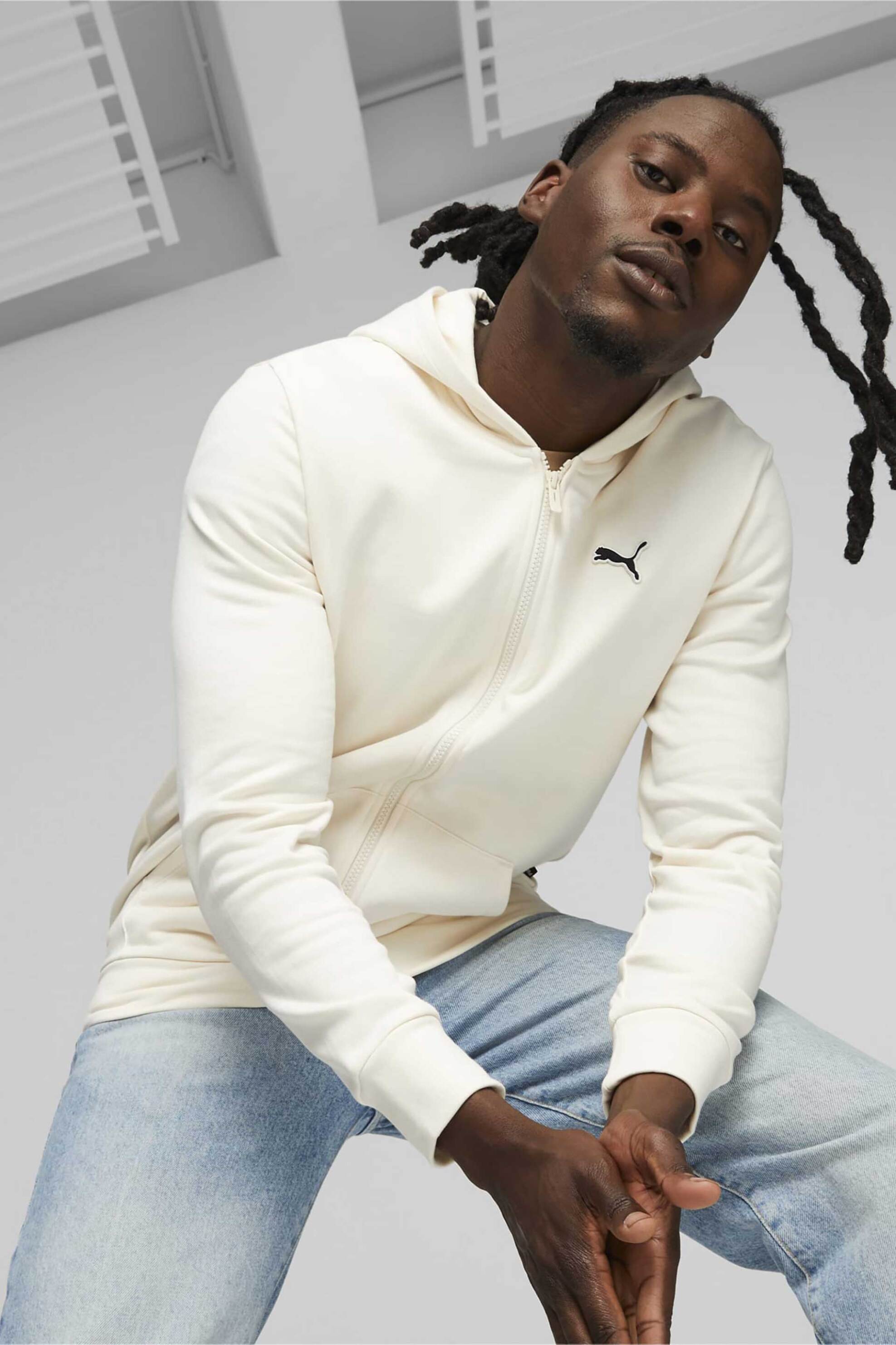 PUMA Puma ανδρική ζακέτα φούτερ μονόχρωμη με κουκούλα και λογότυπο Regular Fit "Better Essential" - 675979 Υπόλευκο