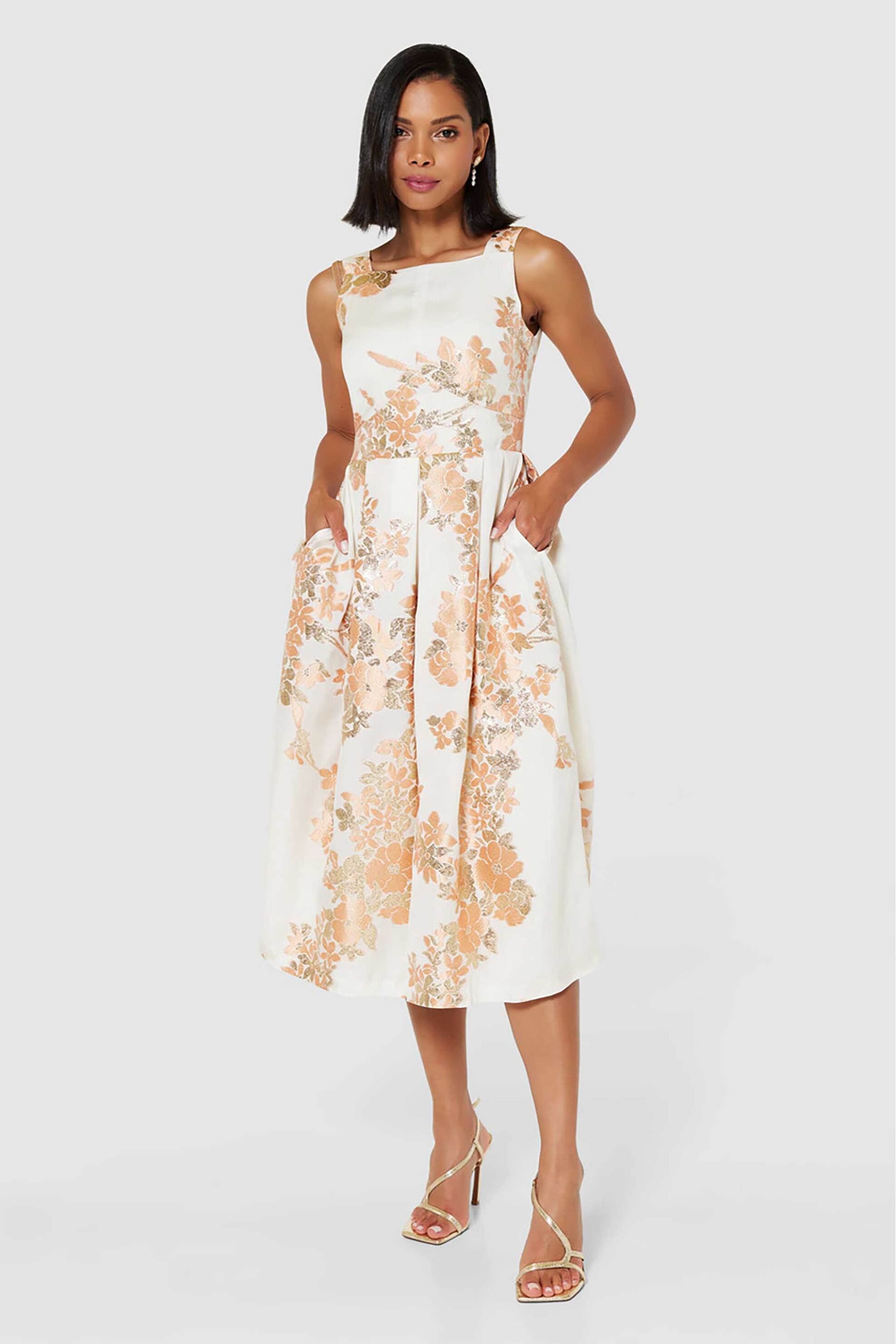 CLOSET LONDON Closet London γυναικείο midi φόρεμα με floral print σε Α γραμμή - D9965 Εκρού