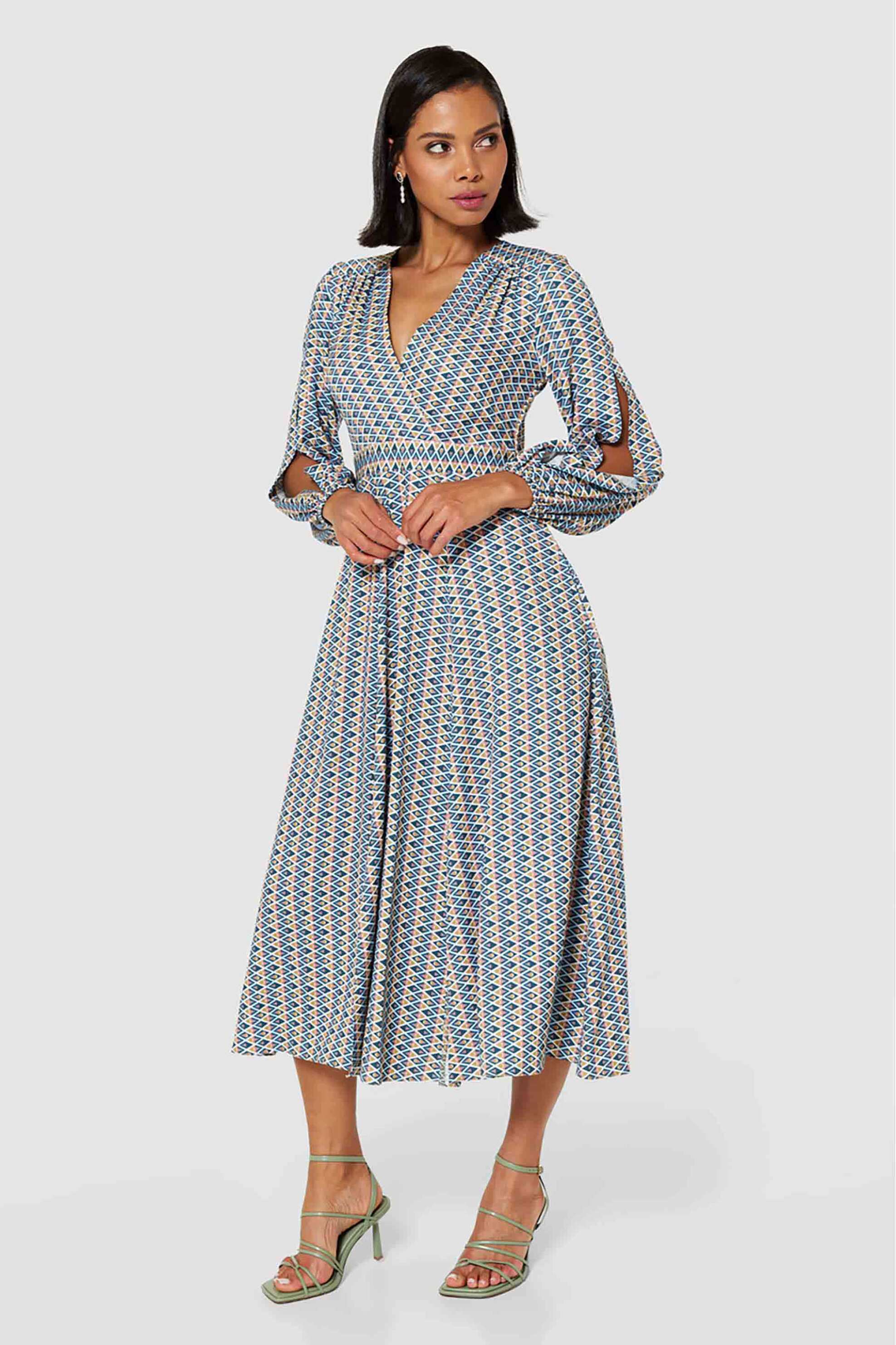 CLOSET LONDON Closet London γυναικείο midi φόρεμα wrap με γεωμετρικό print - D9999 Μπλε