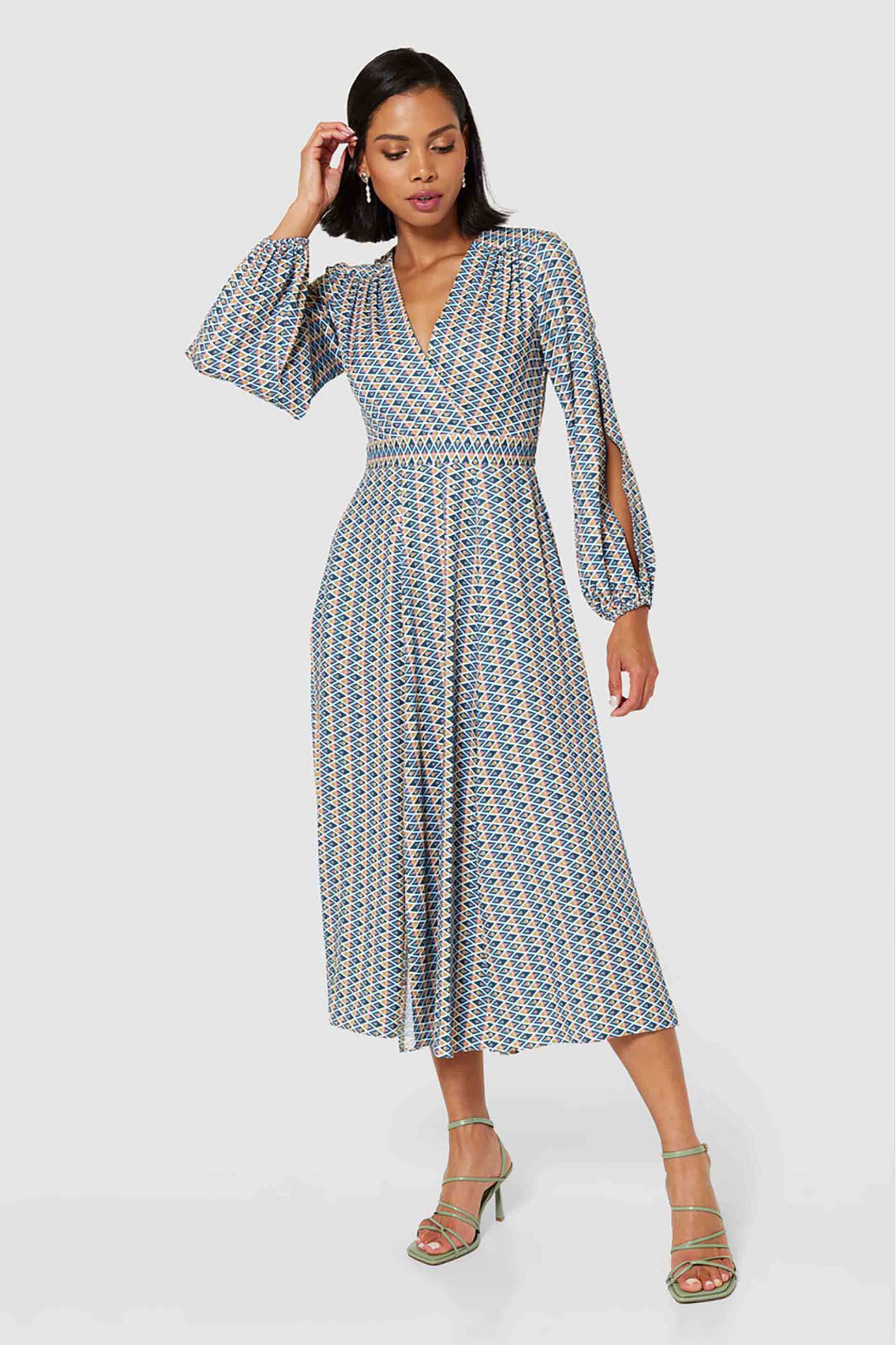 Closet London γυναικείο midi φόρεμα wrap με γεωμετρικό print - D9999 Μπλε φωτογραφία