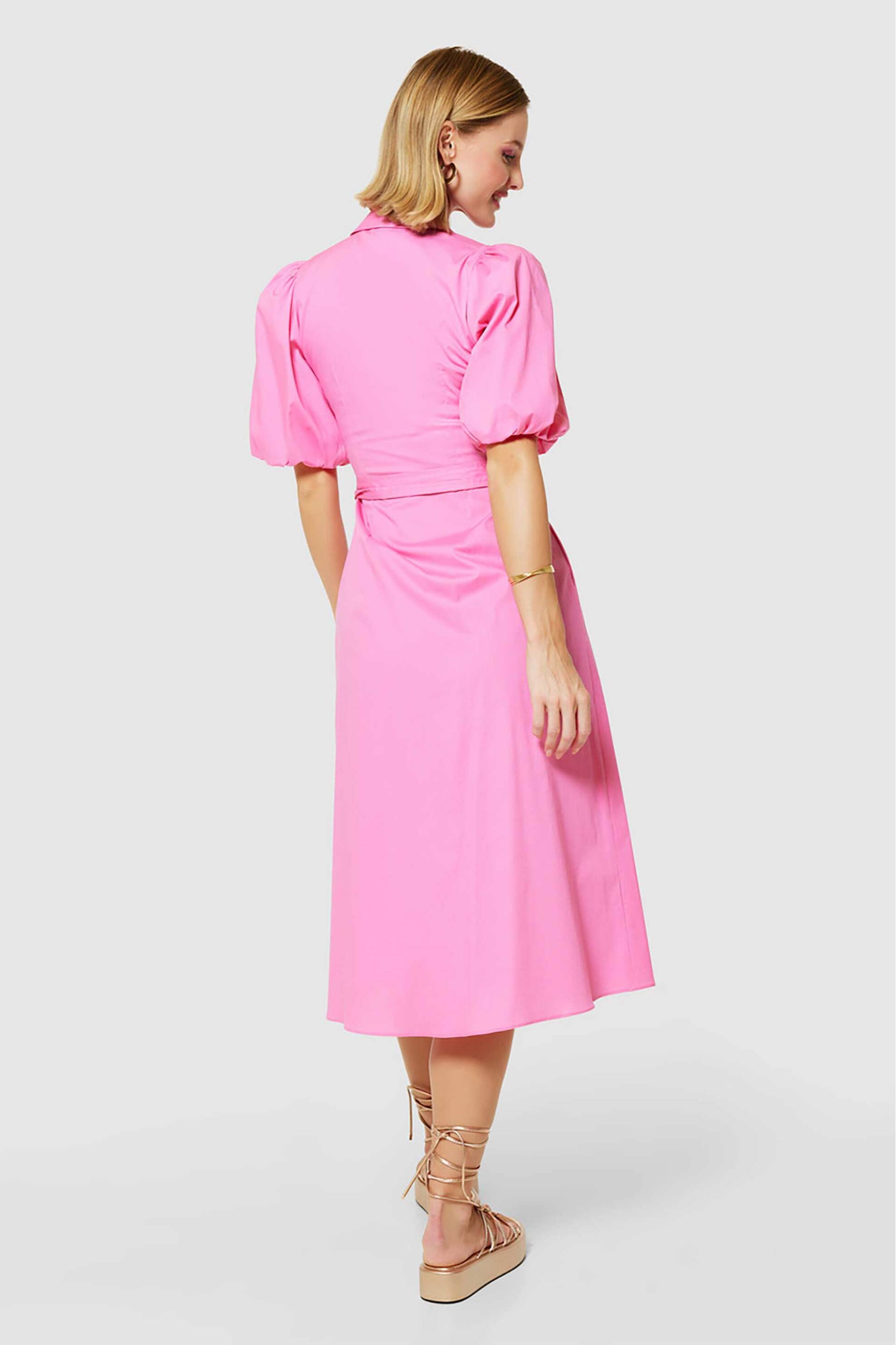 Closet London γυναικείο midi φόρεμα μονόχρωμο βαμβακερό σεμιζιέ με ασορτί ζώνη - D10269 Ροζ φωτογραφία