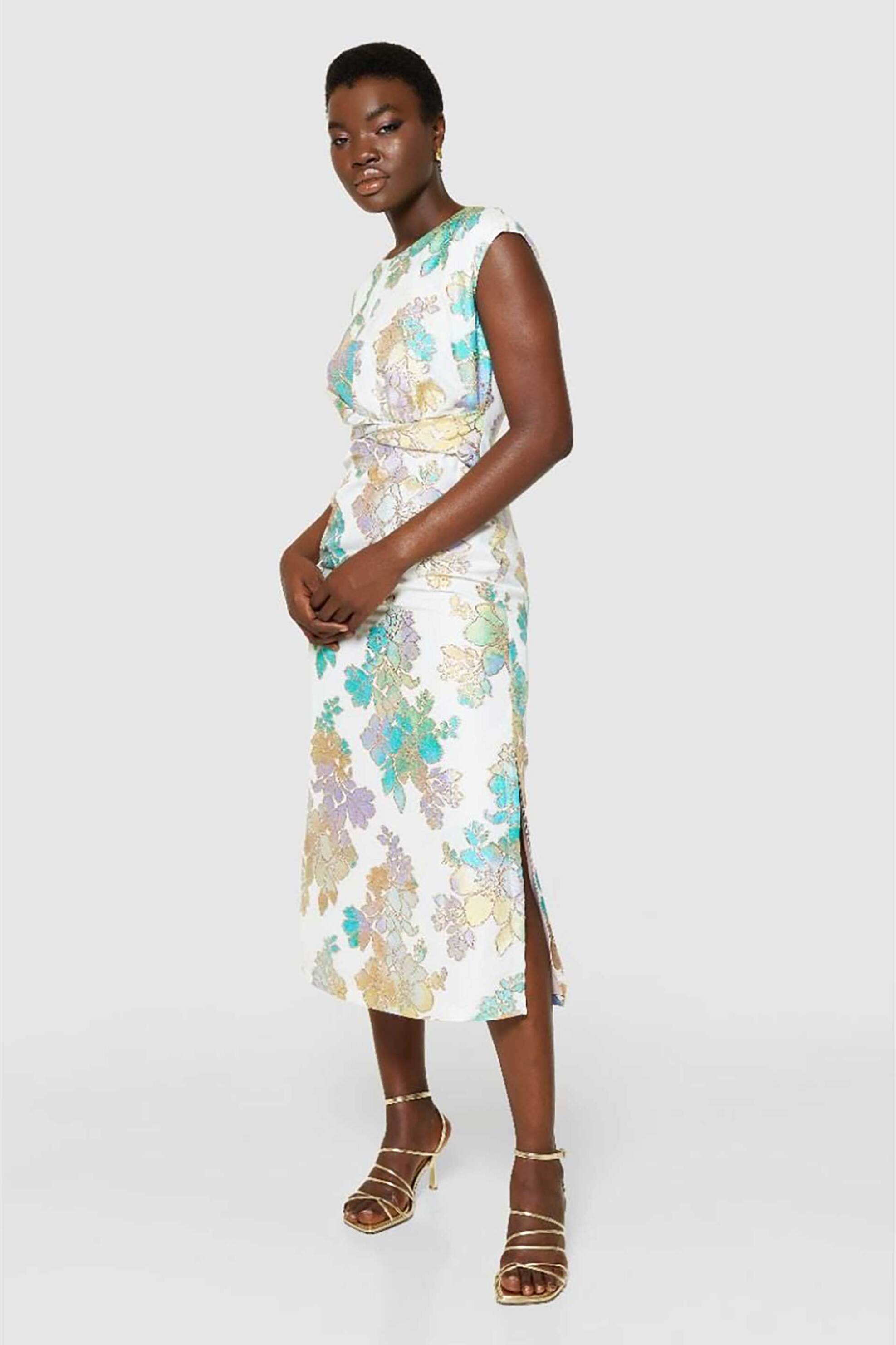 Closet London γυναικείο φόρεμα midi jacquard με floral σχέδιο - D11023 Τυρκουάζ φωτογραφία