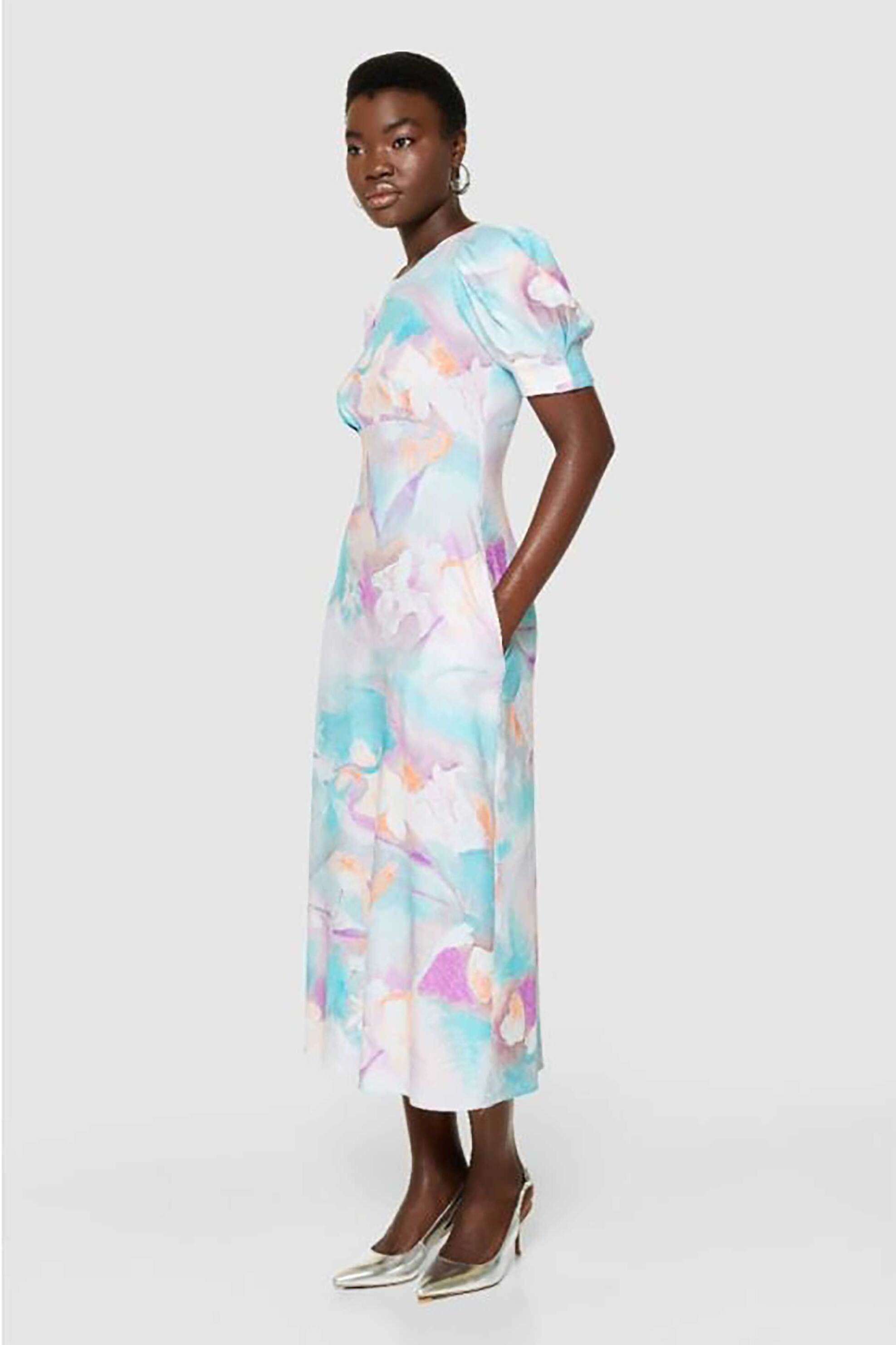 Closet London γυναικείο φόρεμα midi με floral σχέδιο και balloon μανίκια - D11038 Τυρκουάζ φωτογραφία
