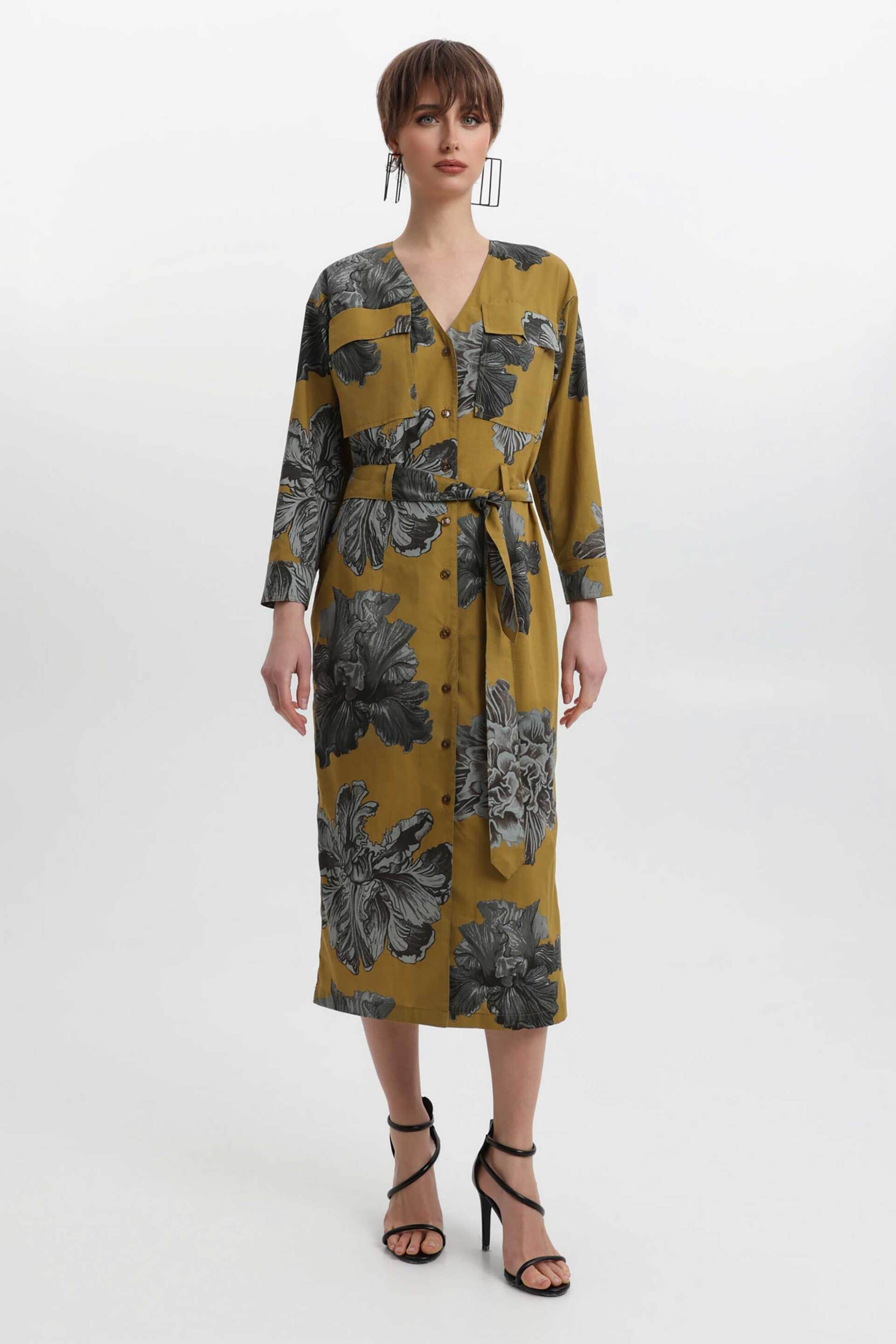 BILL COST Bill Cost γυναικείο midi φόρεμα σεμιζιέ με ζώνη και floral print - 10-342299-0 Λαδί