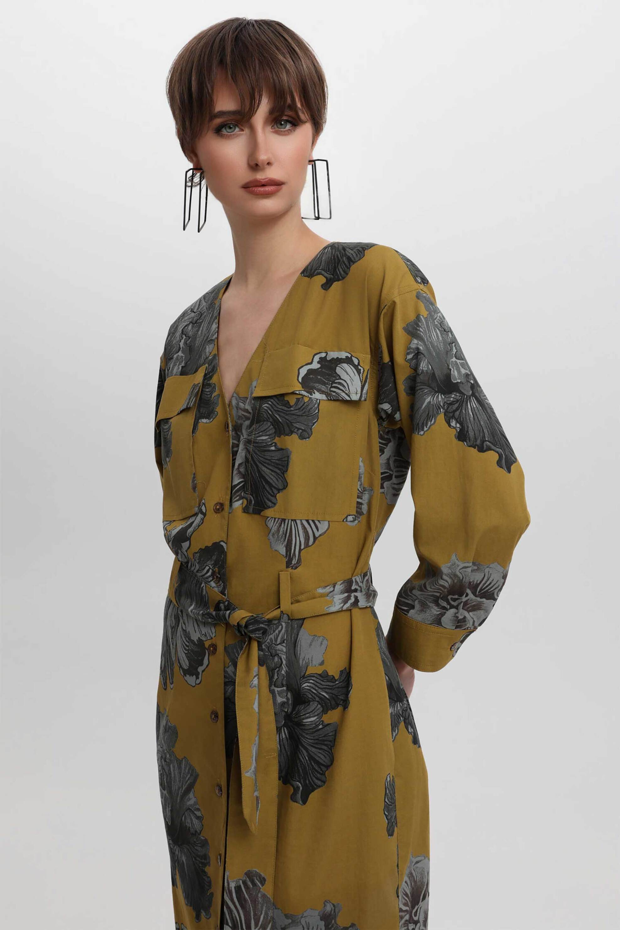 Bill Cost γυναικείο midi φόρεμα σεμιζιέ με ζώνη και floral print - 10-342299-0 Λαδί φωτογραφία