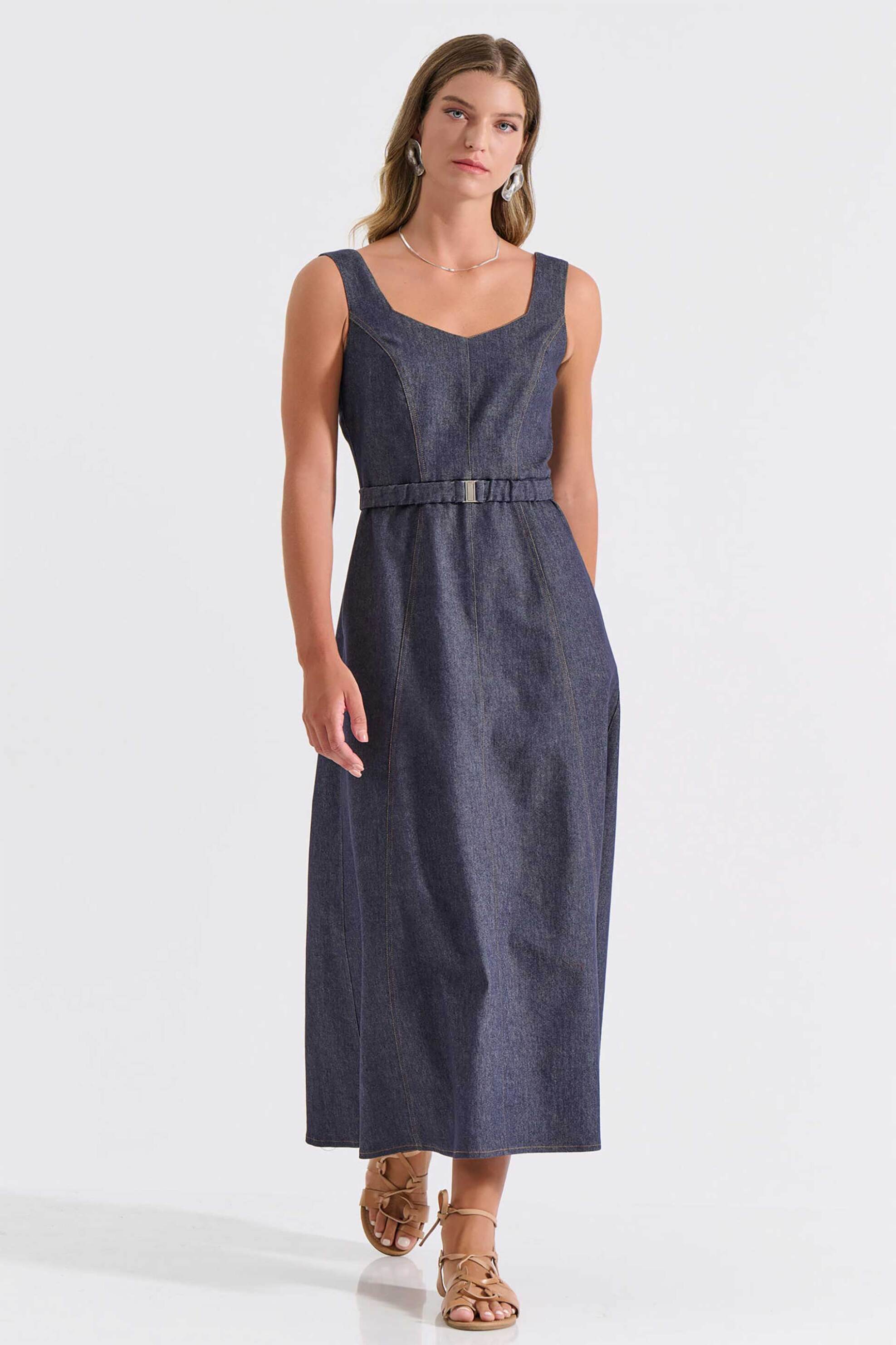 BILL COST Bill Cost γυναικείο maxi φόρεμα denim αμάνικο με ζώνη - 10-200170-0 Denim Blue Σκούρο