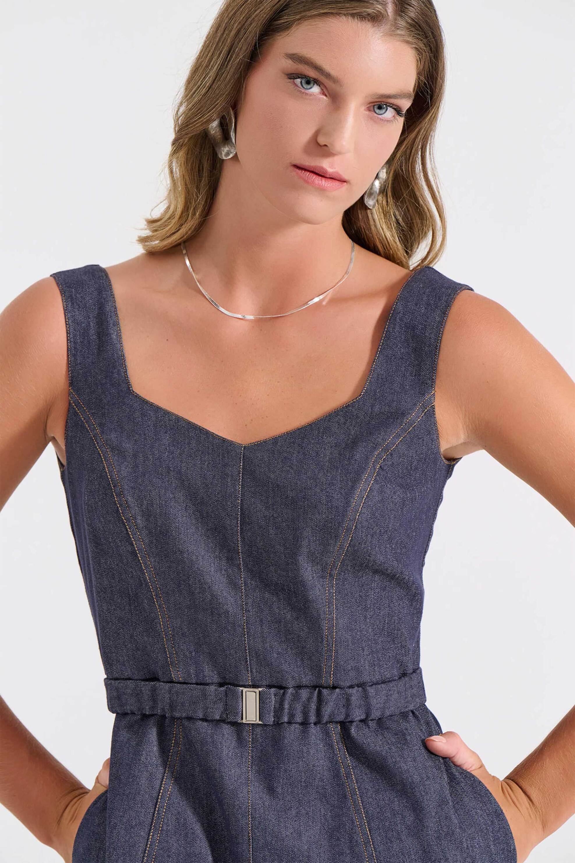 Bill Cost γυναικείο maxi φόρεμα denim αμάνικο με ζώνη - 10-200170-0 Denim Blue Σκούρο φωτογραφία