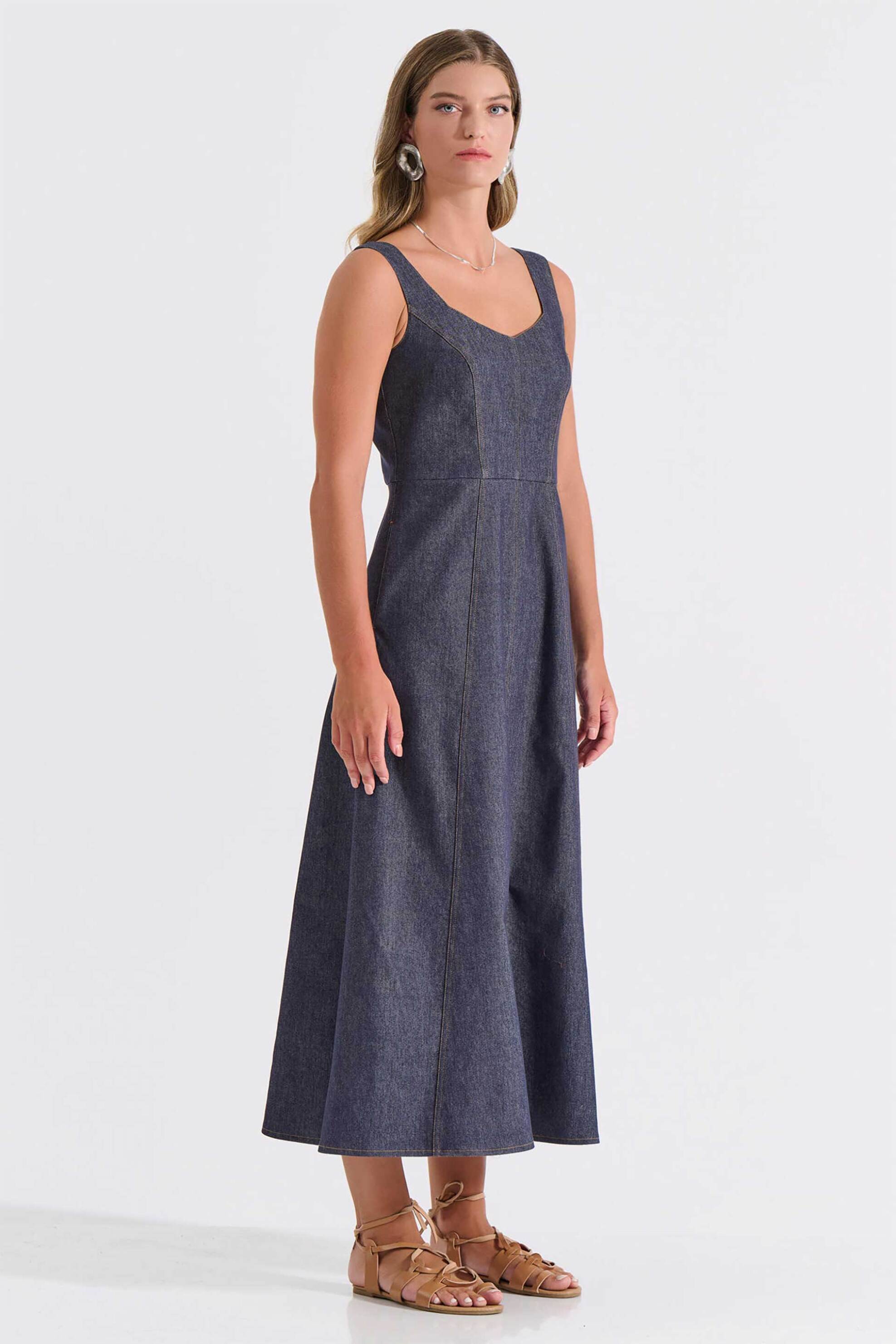 Bill Cost γυναικείο maxi φόρεμα denim αμάνικο με ζώνη - 10-200170-0 Denim Blue Σκούρο φωτογραφία