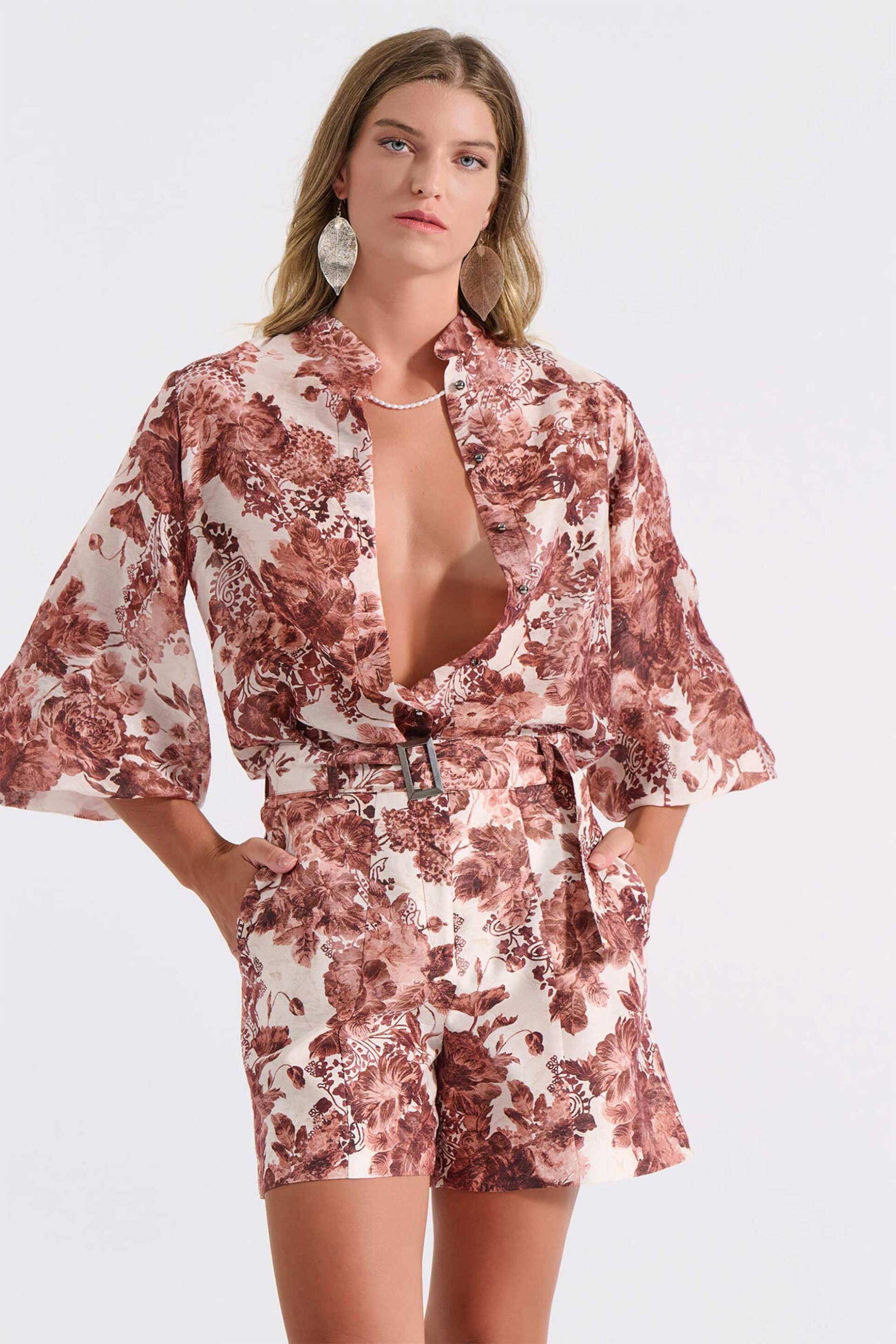 BILL COST Bill Cost γυναικείο ψηλόμεσο σορτς με floral print και ζώνη - 10-342390-0 Καφέ