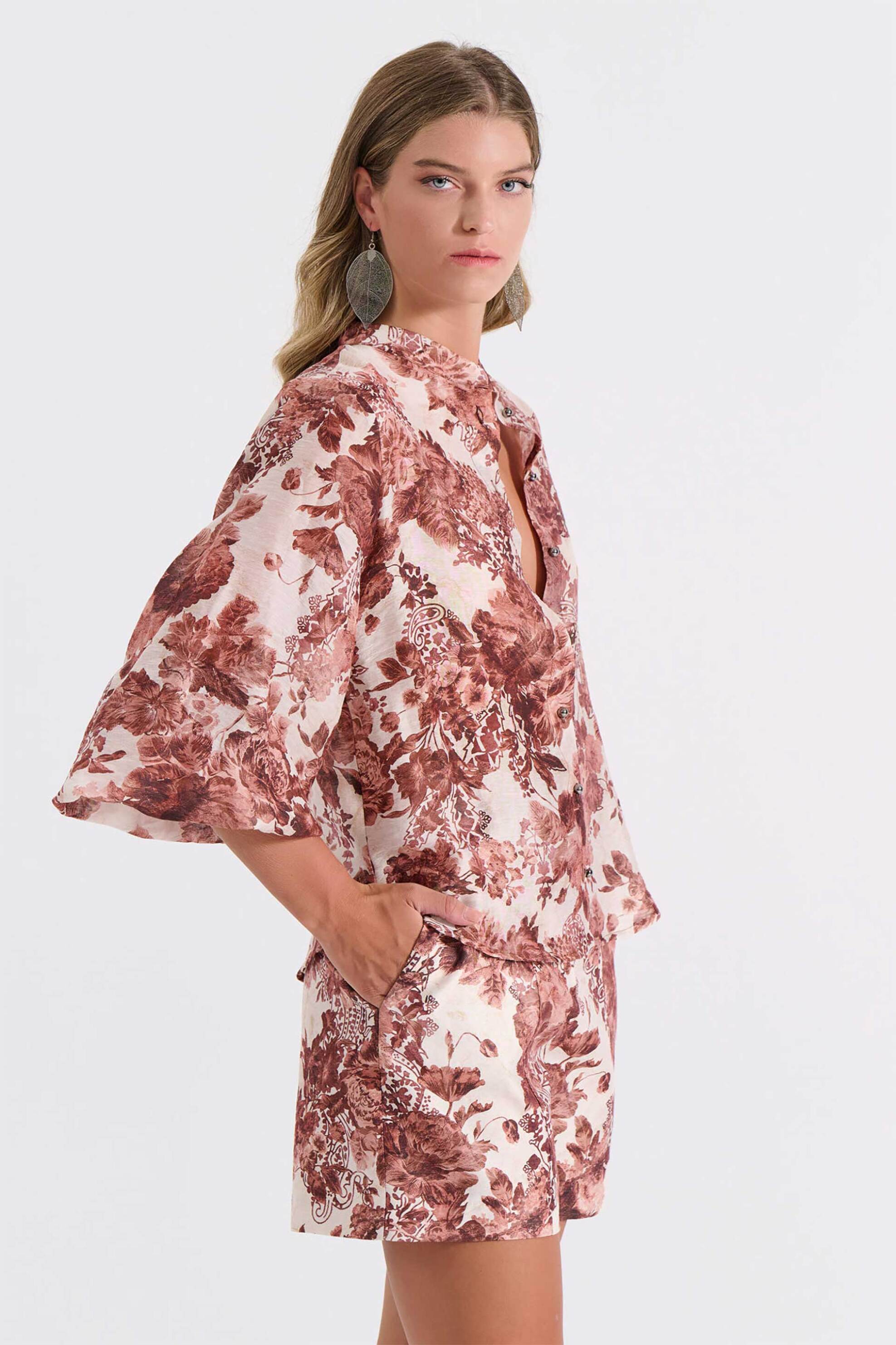 Bill Cost γυναικείο ψηλόμεσο σορτς με floral print και ζώνη - 10-342390-0 Καφέ φωτογραφία