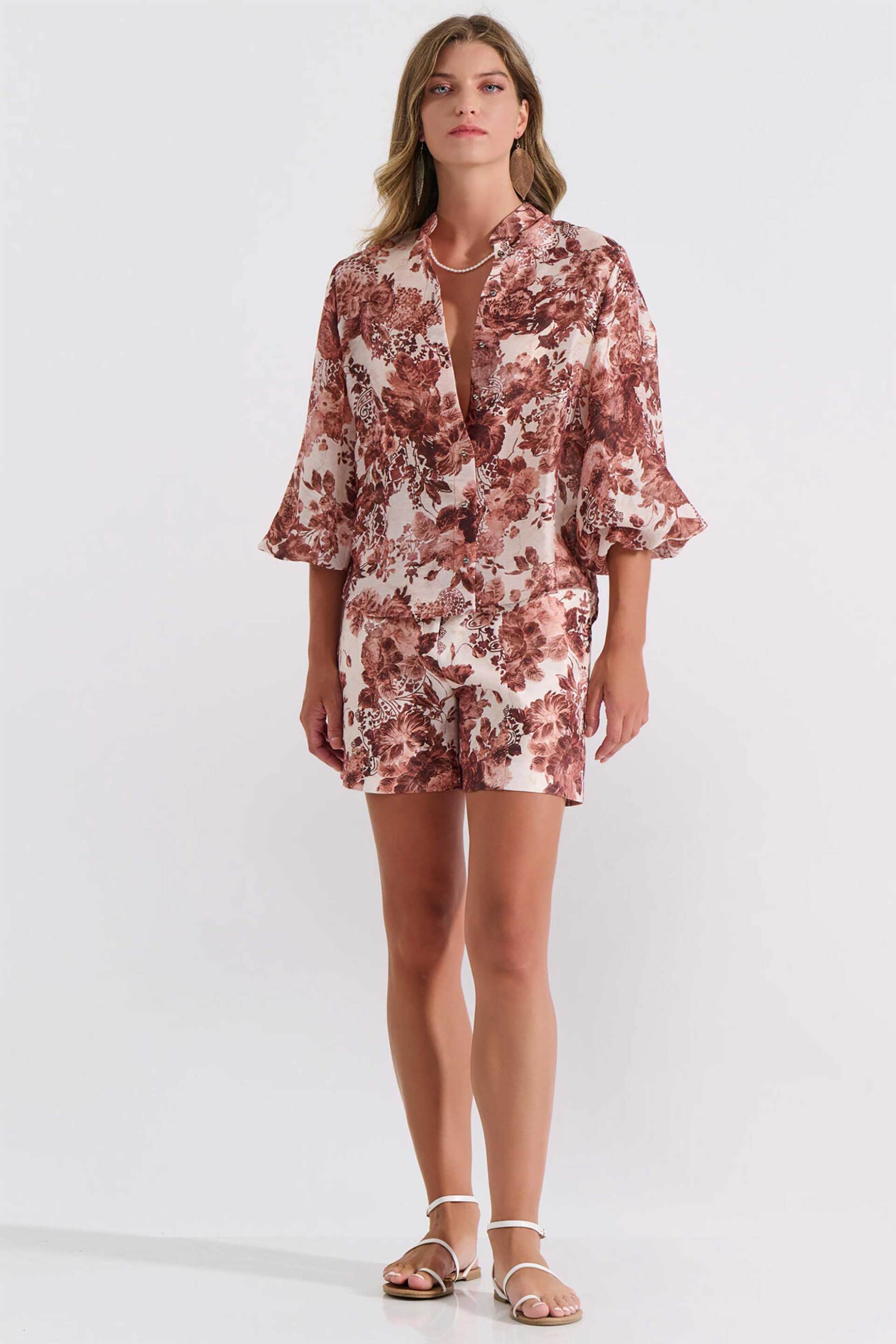 Bill Cost γυναικείο ψηλόμεσο σορτς με floral print και ζώνη - 10-342390-0 Καφέ φωτογραφία