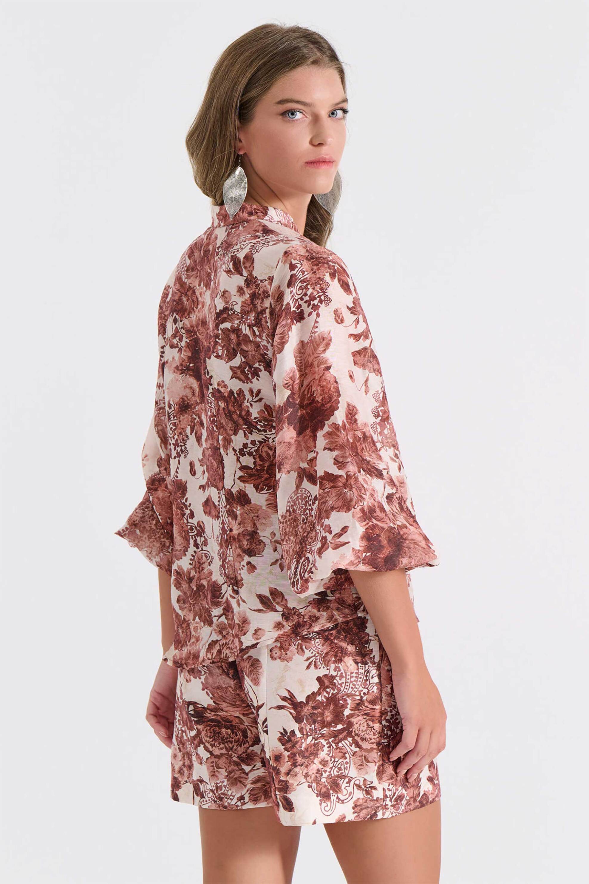 Bill Cost γυναικείο ψηλόμεσο σορτς με floral print και ζώνη - 10-342390-0 Καφέ φωτογραφία