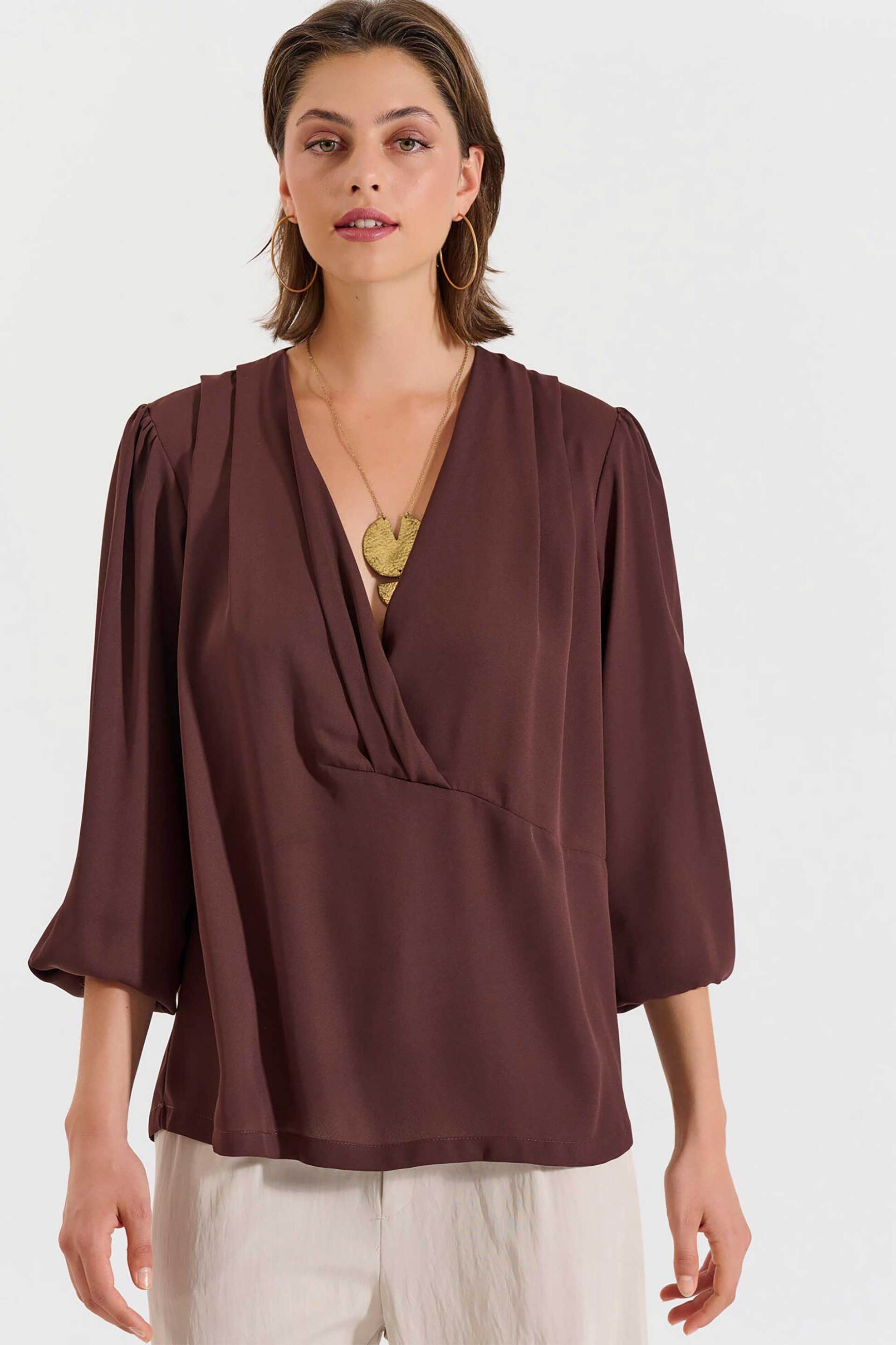 BILL COST Bill Cost γυναικεία μπλούζα με V και πιέτες - 10-031037-0 Καφέ