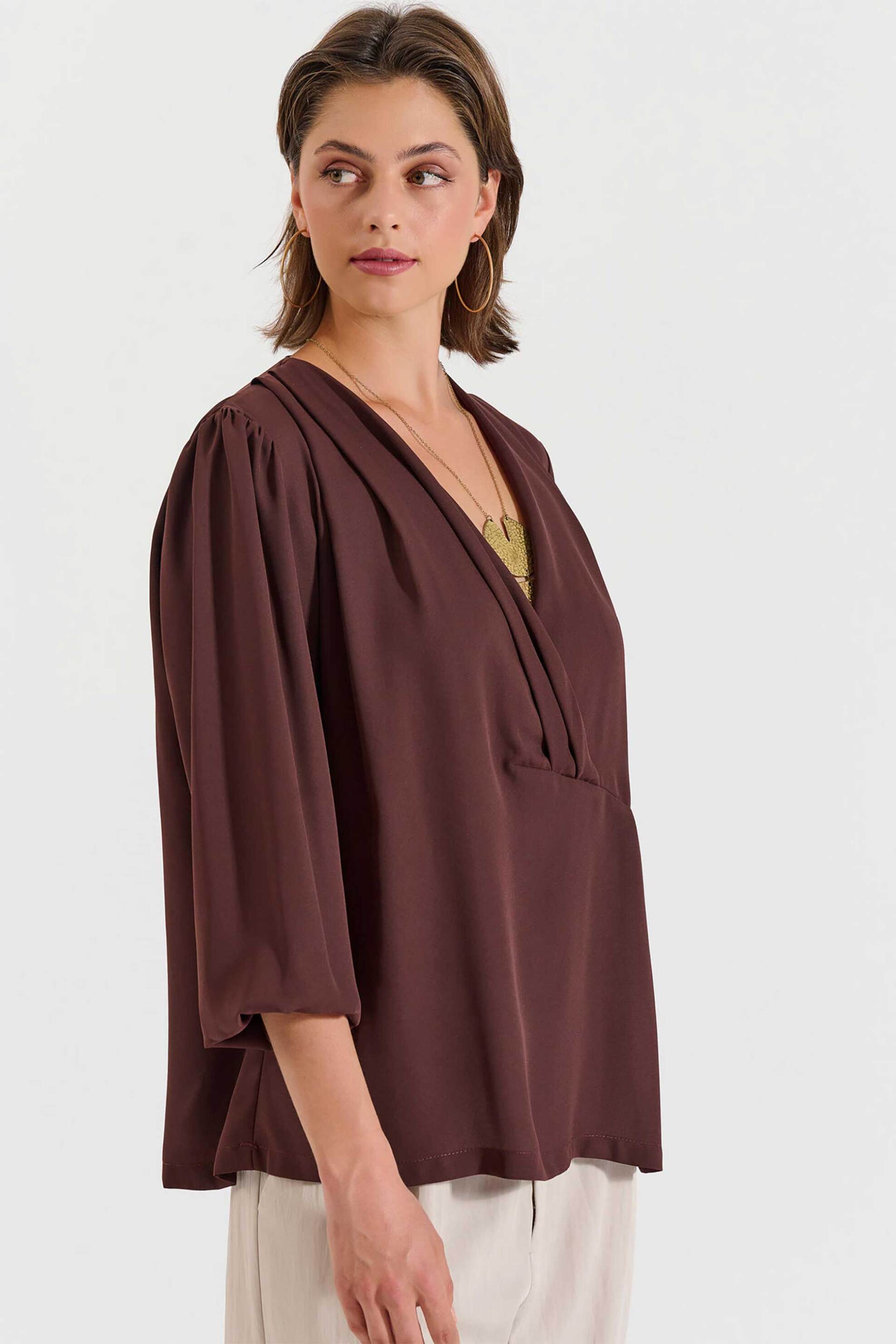 Bill Cost γυναικεία μπλούζα με V και πιέτες - 10-031037-0 Καφέ φωτογραφία