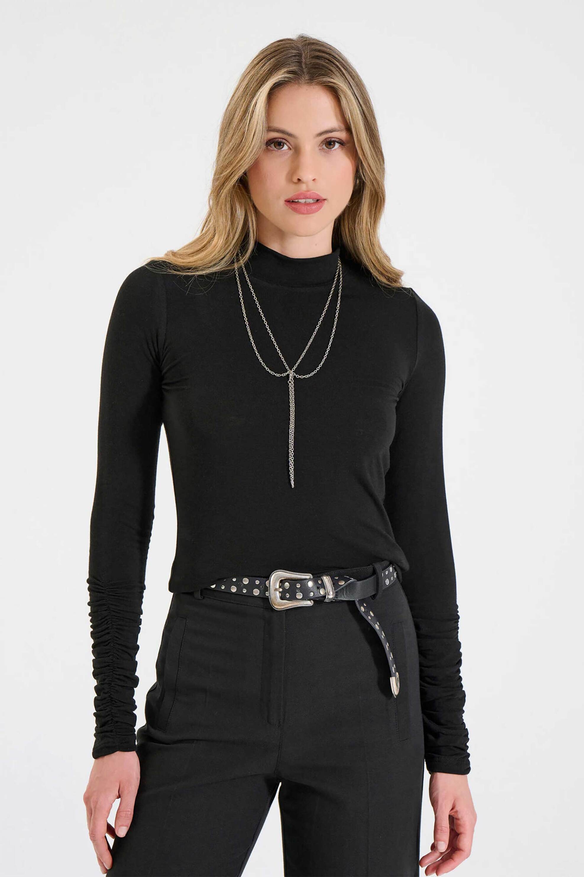 Bill Cost γυναικεία μπλούζα με ψηλό λαιμό και σούρες στα μανίκια - 10-130176-0 Μαύρο