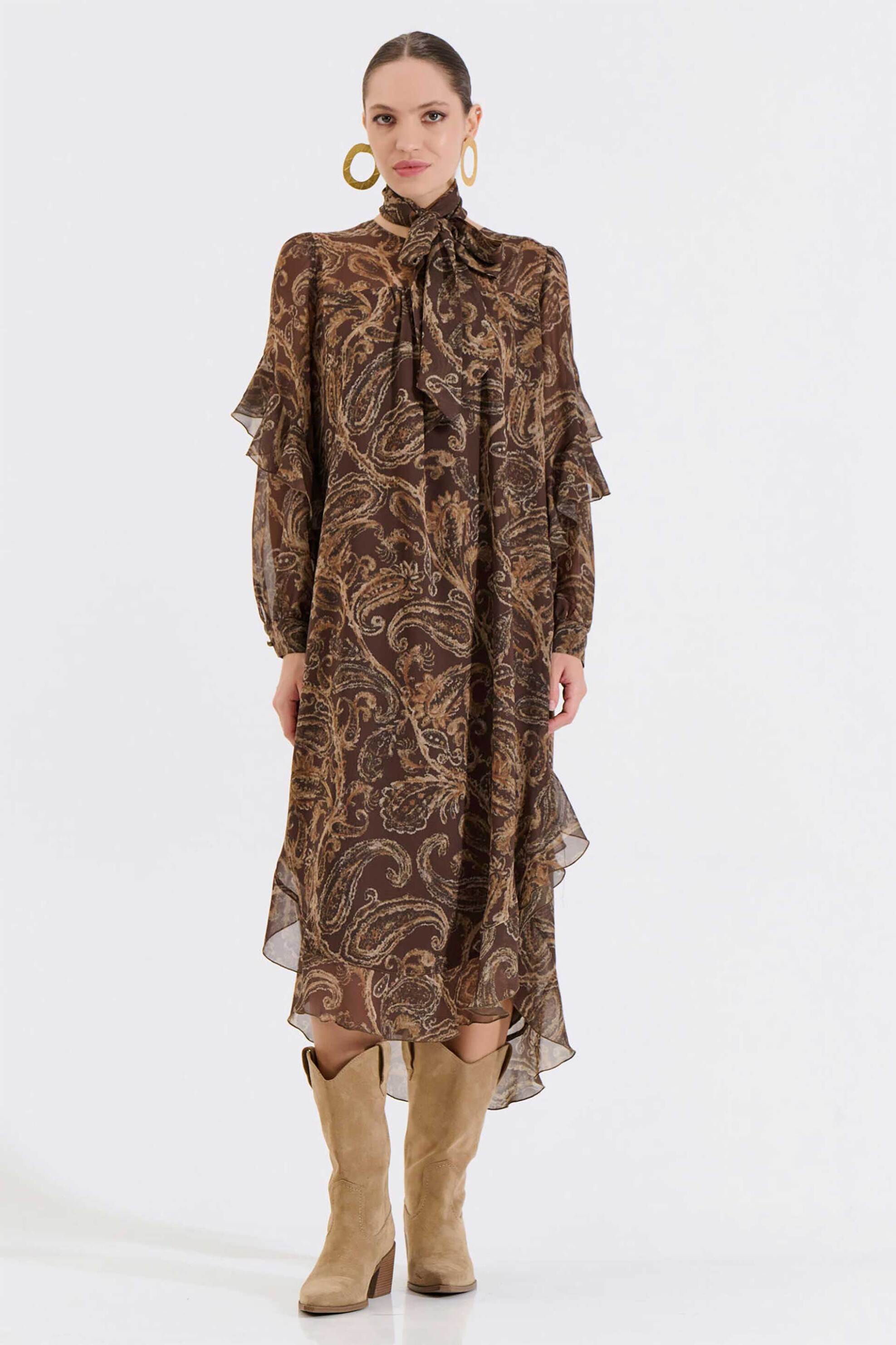 Bill Cost γυναικείο midi φόρεμα με ζώνη, all-over print και βολάν