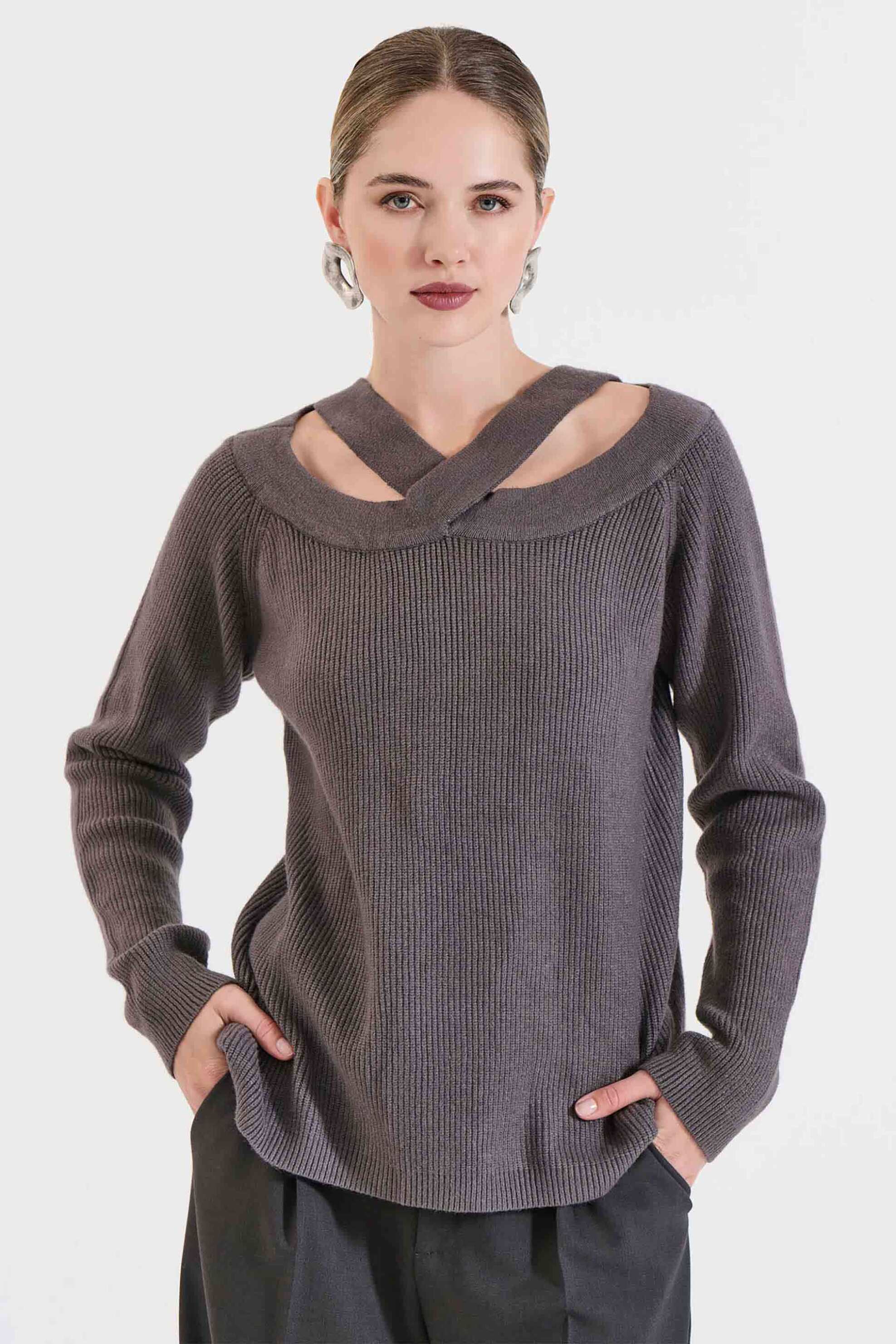 Bill Cost γυναικεία πλεκτή μπλούζα ribbed με σταυρωτή λαιμόκοψη - 20-131366-0 Ανθρακί