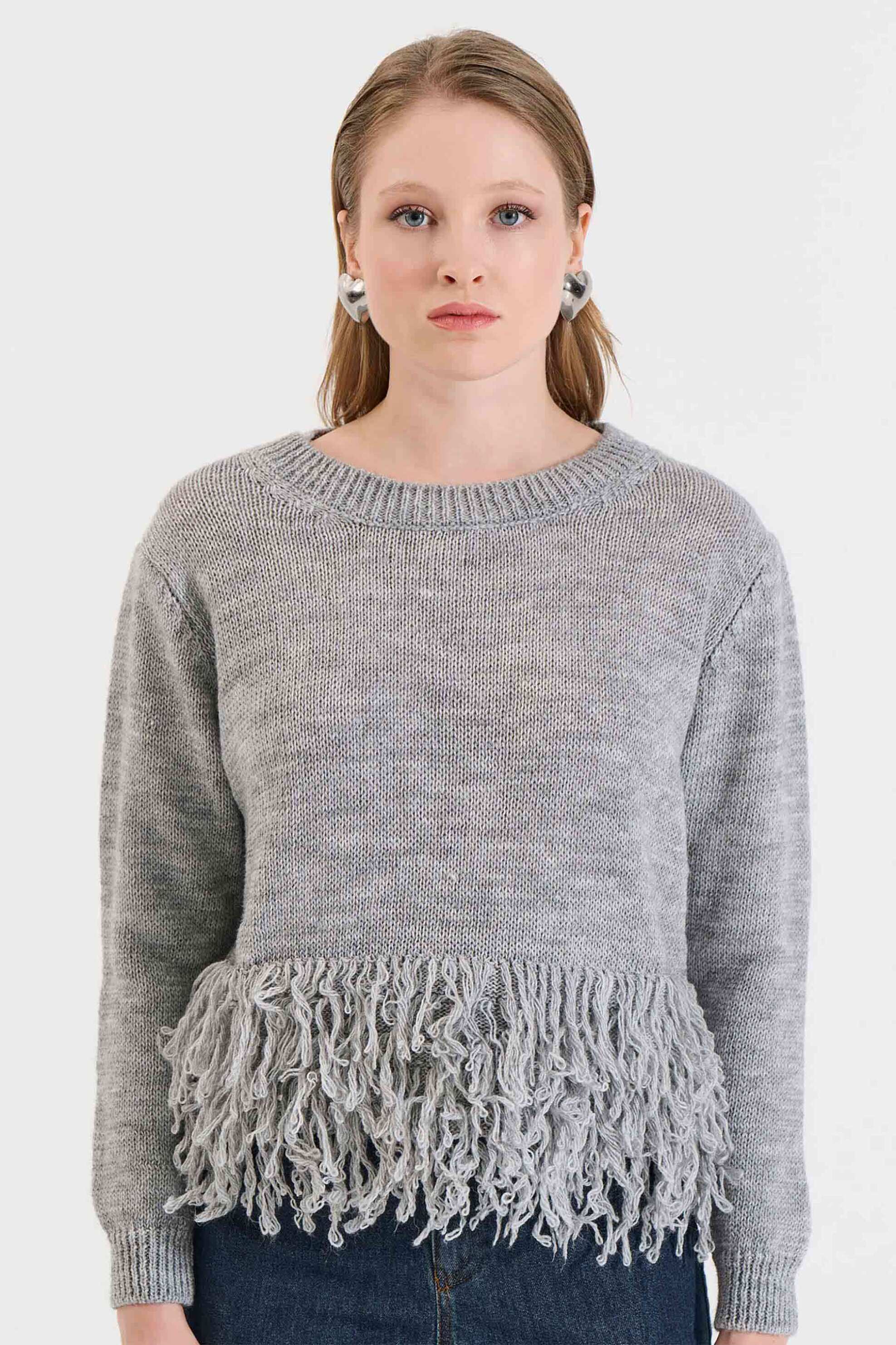 Bill Cost γυναικεία πλεκτή μπλούζα με κρόσσια στο κάτω μέρος - 20-131383-0 Γκρι