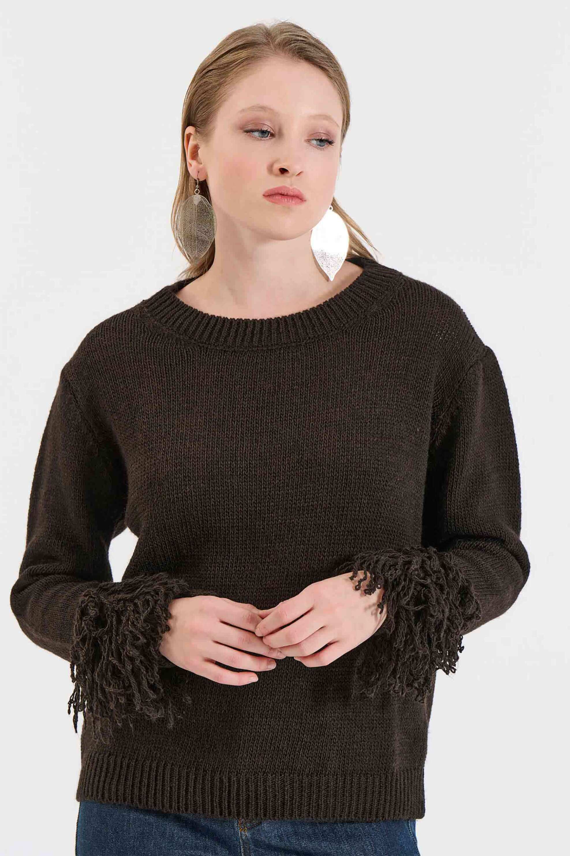 Bill Cost γυναικεία πλεκτή μπλούζα με κρόσσια στα μανίκια - 20-131384-0 Καφέ