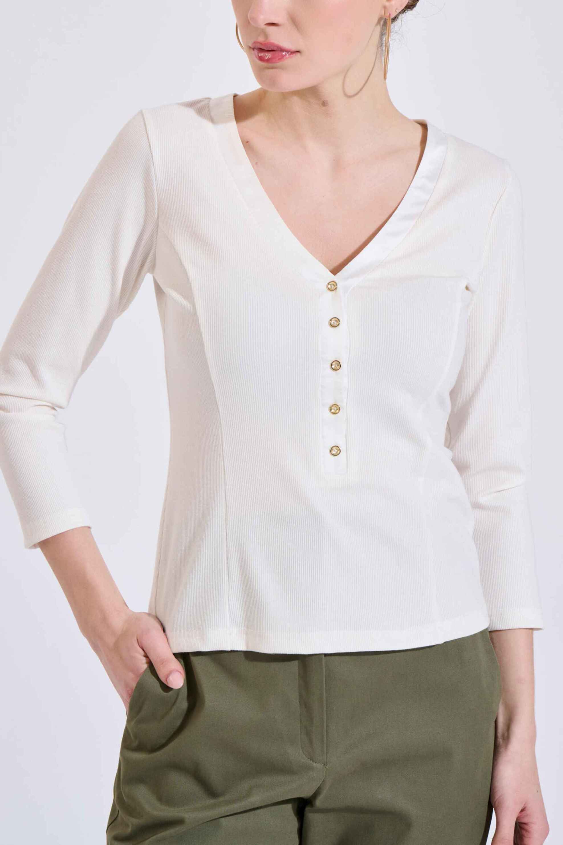 Bill Cost γυναικεία μπλούζα με διακοσμητικά μεταλλικά κουμπιά και V λαιμόκοψη - 10-220034-0 Λευκό