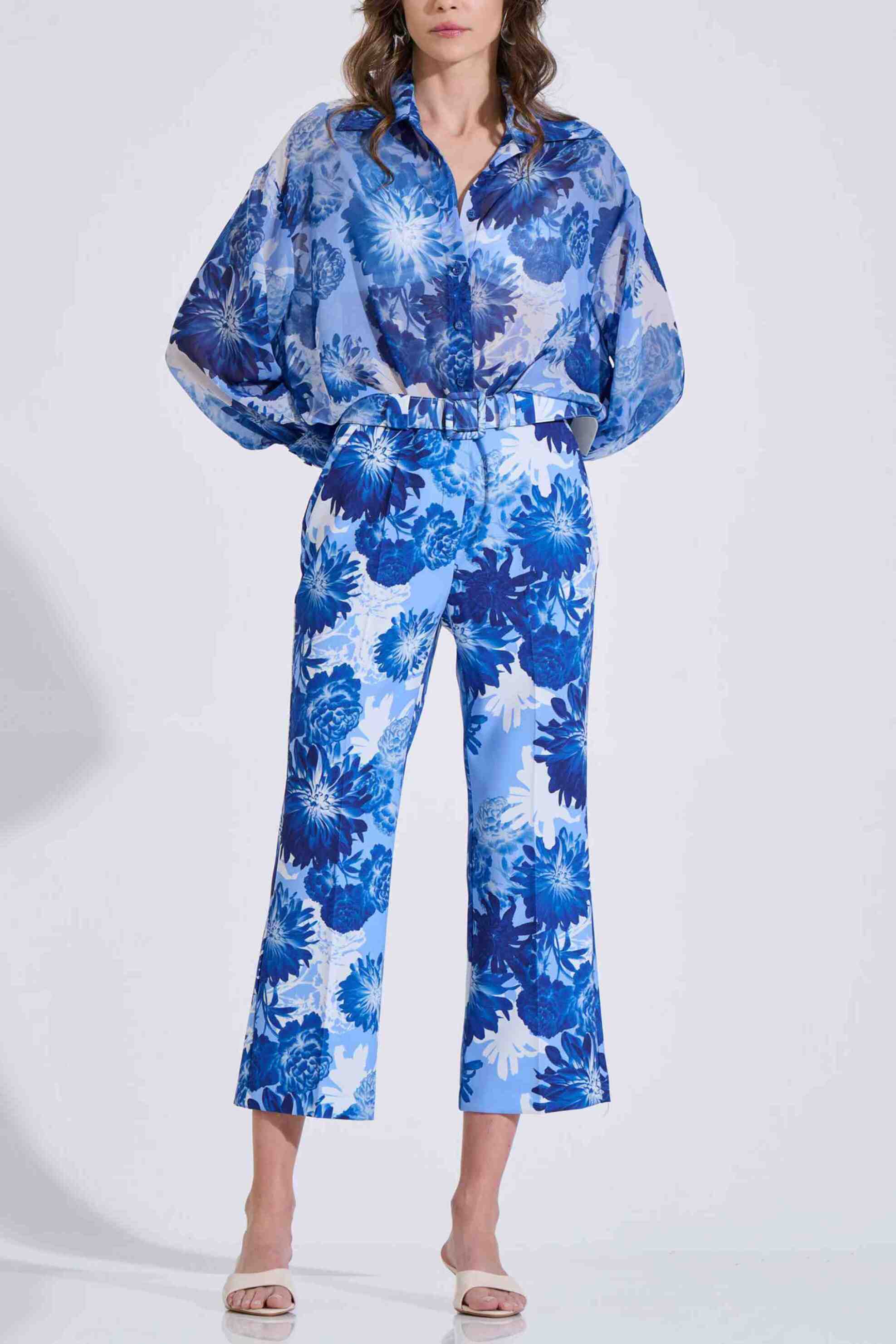 Bill Cost γυναικείο παντελόνι cropped με floral print - 10-342493-0 Μπλε Σκούρο