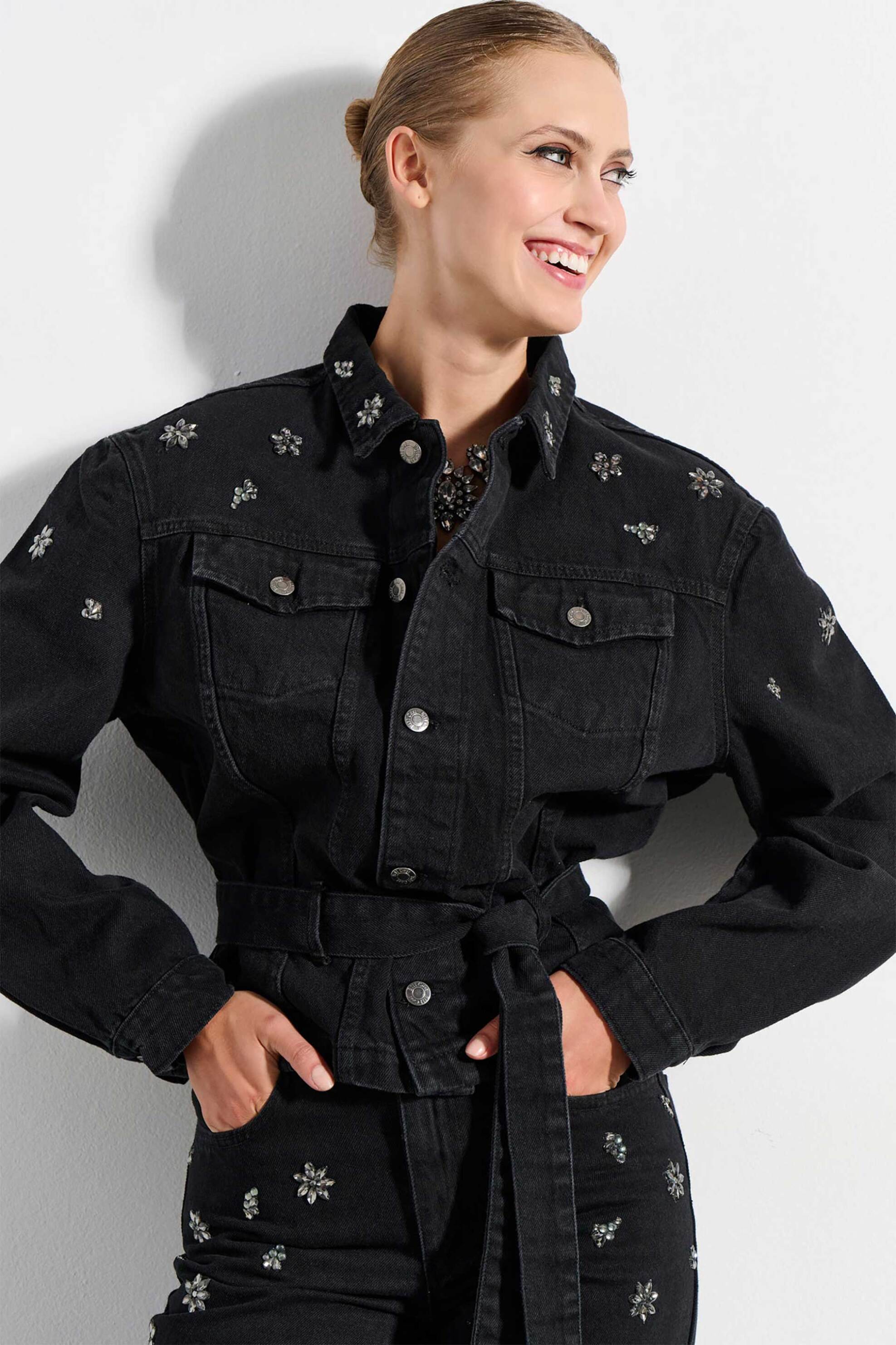 Bill Cost γυναικείο denim jacket με στρας και ζώνη - 10-200198-0 Μαύρο