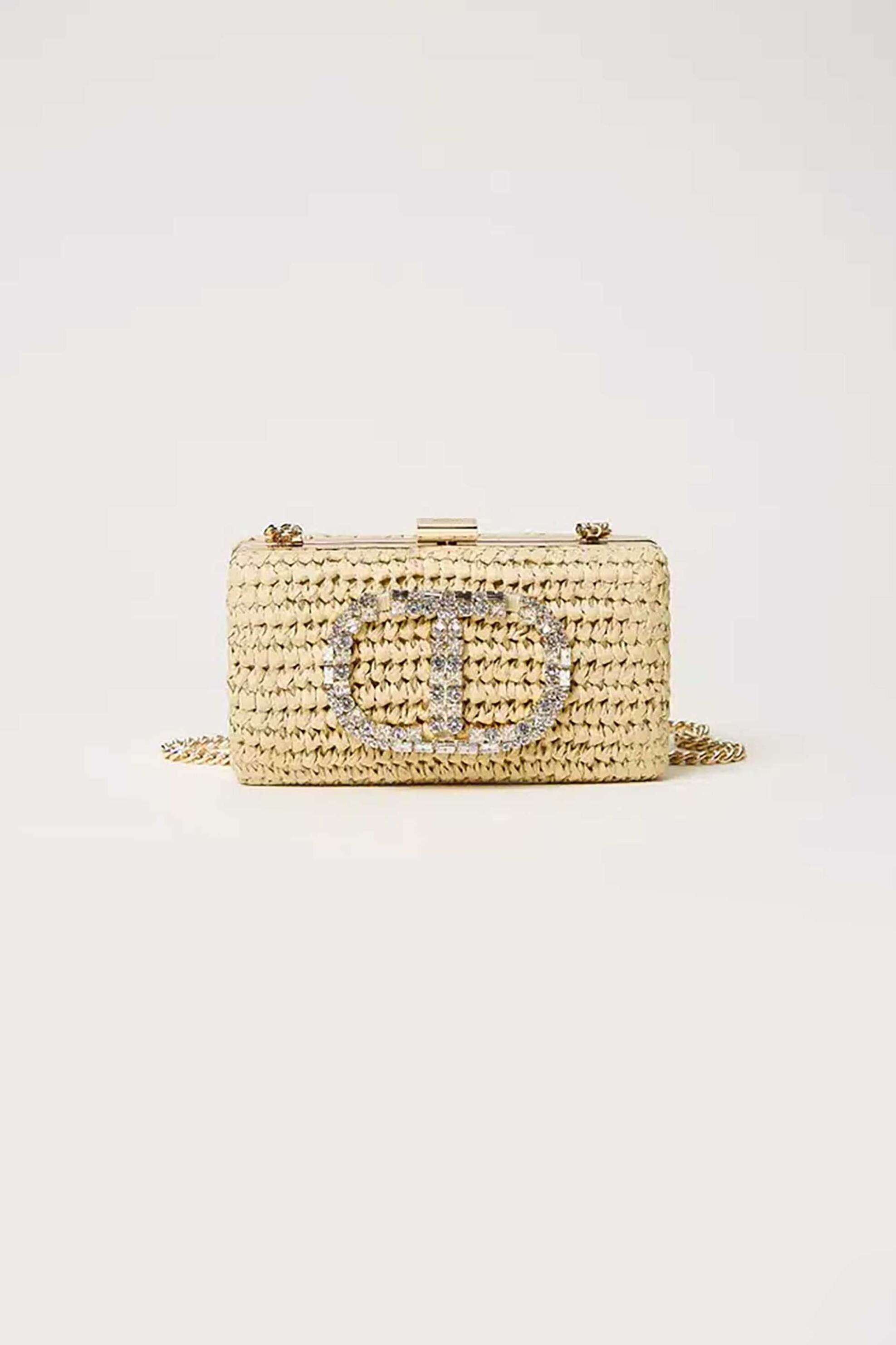 TWINSET Twinset γυναικείο τσαντάκι clutch με πλεκτό σχέδιο και λογότυπο από στρας - 251TD8240 Μπεζ