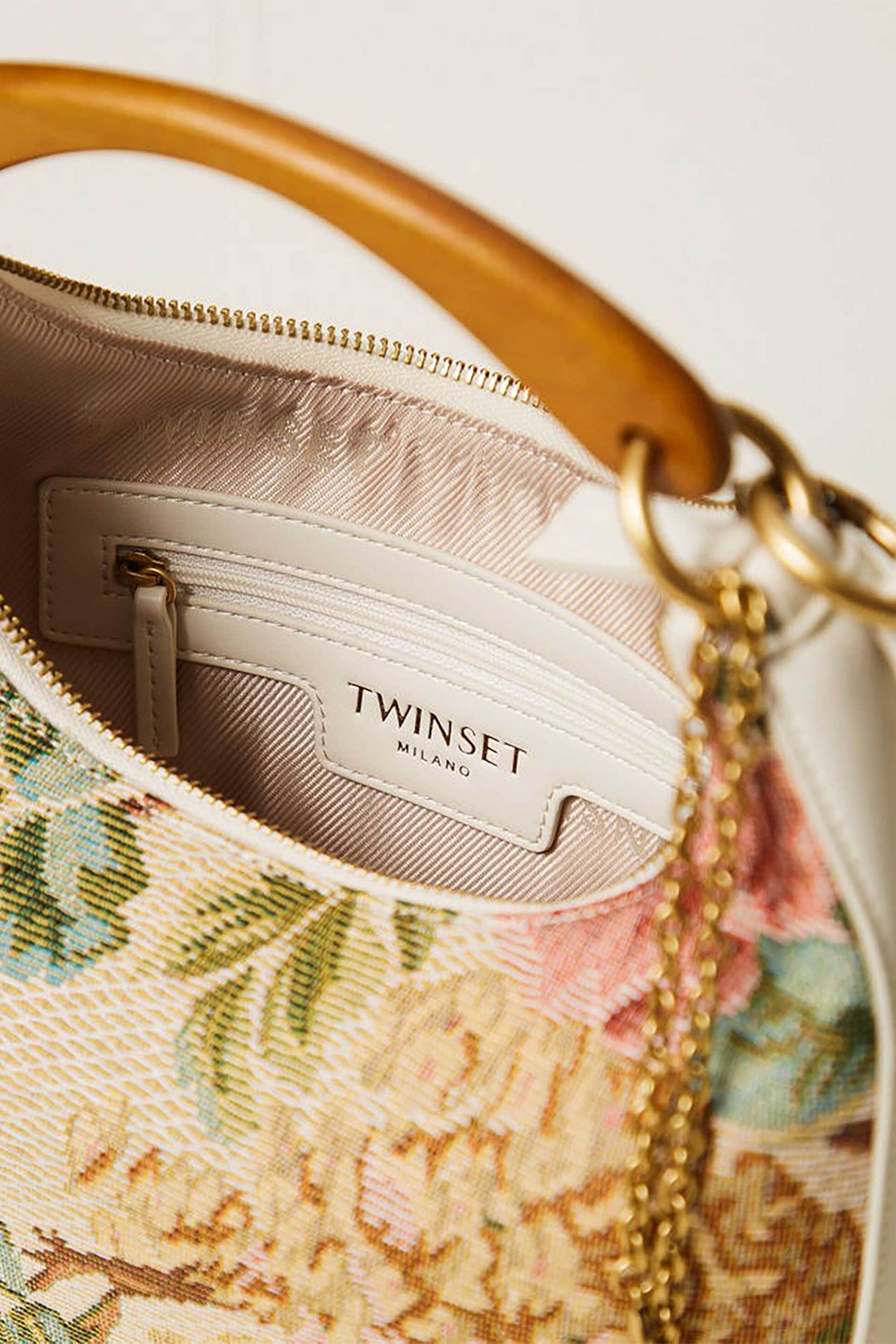 Twinset Γυναικεία Τσάντα Χειρός Jacquard με Ξύλινη Λαβή Croissant - 261Tb7321 Εκρού