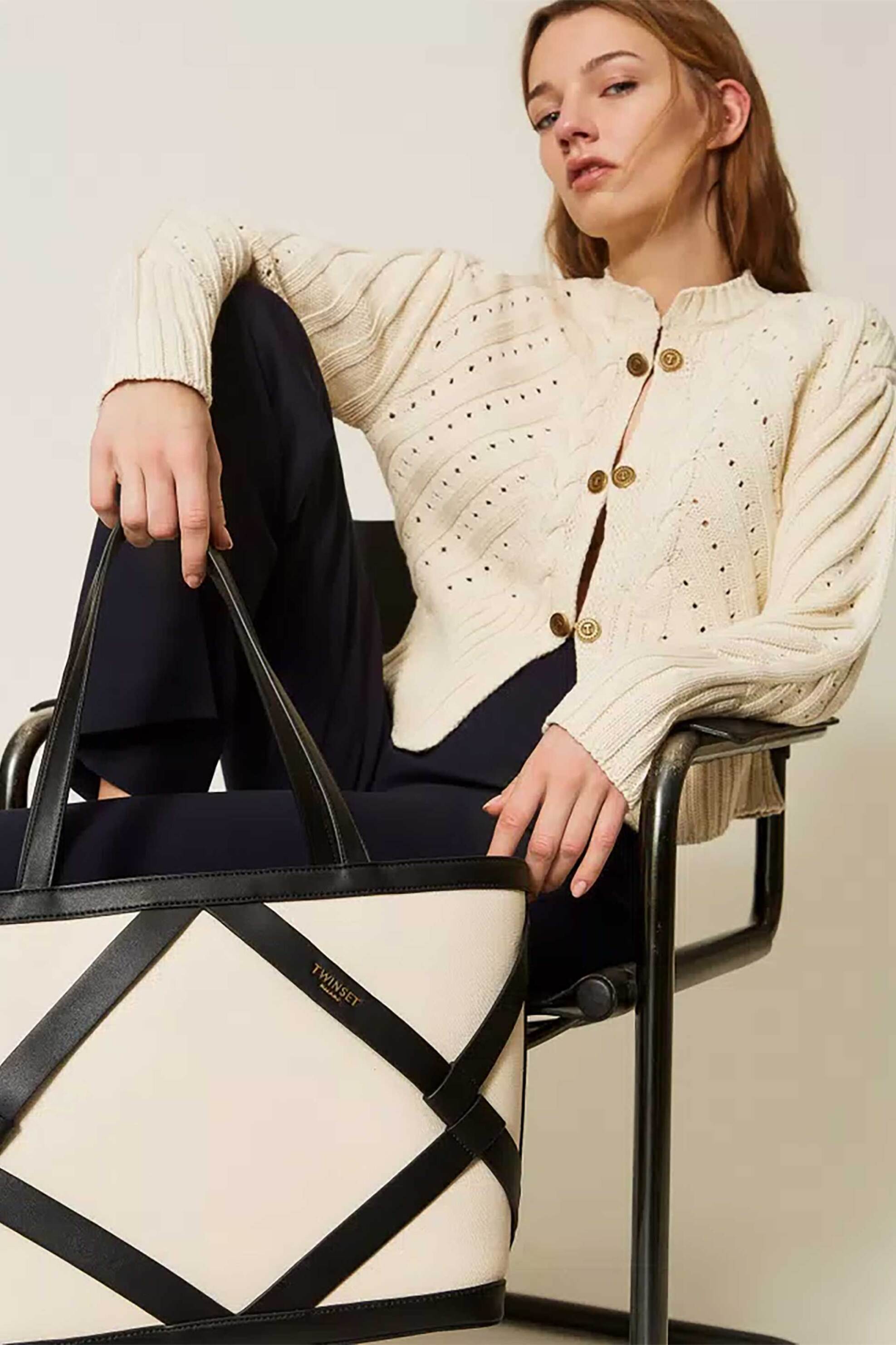 Twinset Γυναικεία Τσάντα Ώμου Shopper με Φινίρισμα από Δέρμα - 261Tb7271 Ασπρόμαυρο