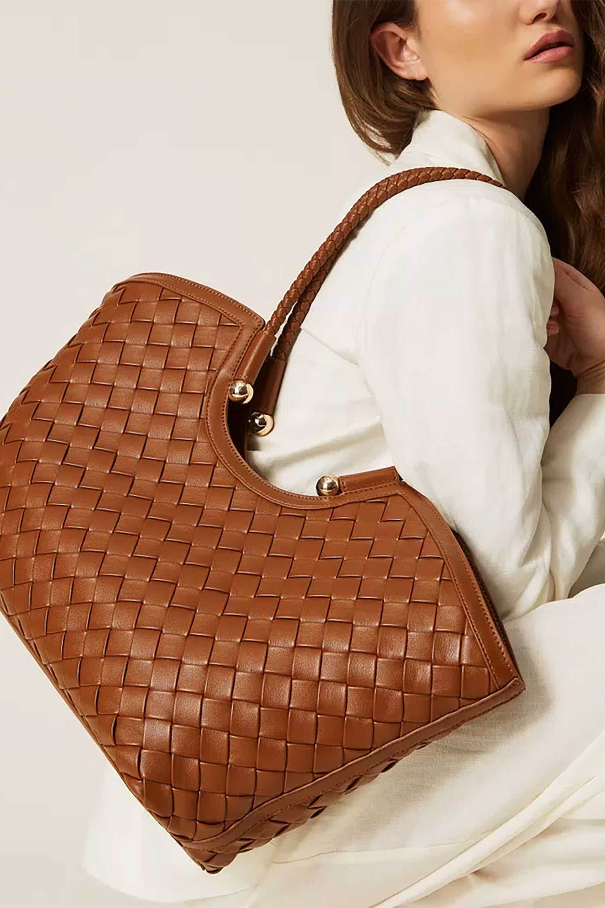Twinset Γυναικεία Τσάντα Ώμου Shopper με Πλεκτό Σχέδιο - 261Tb7300 Καμηλό