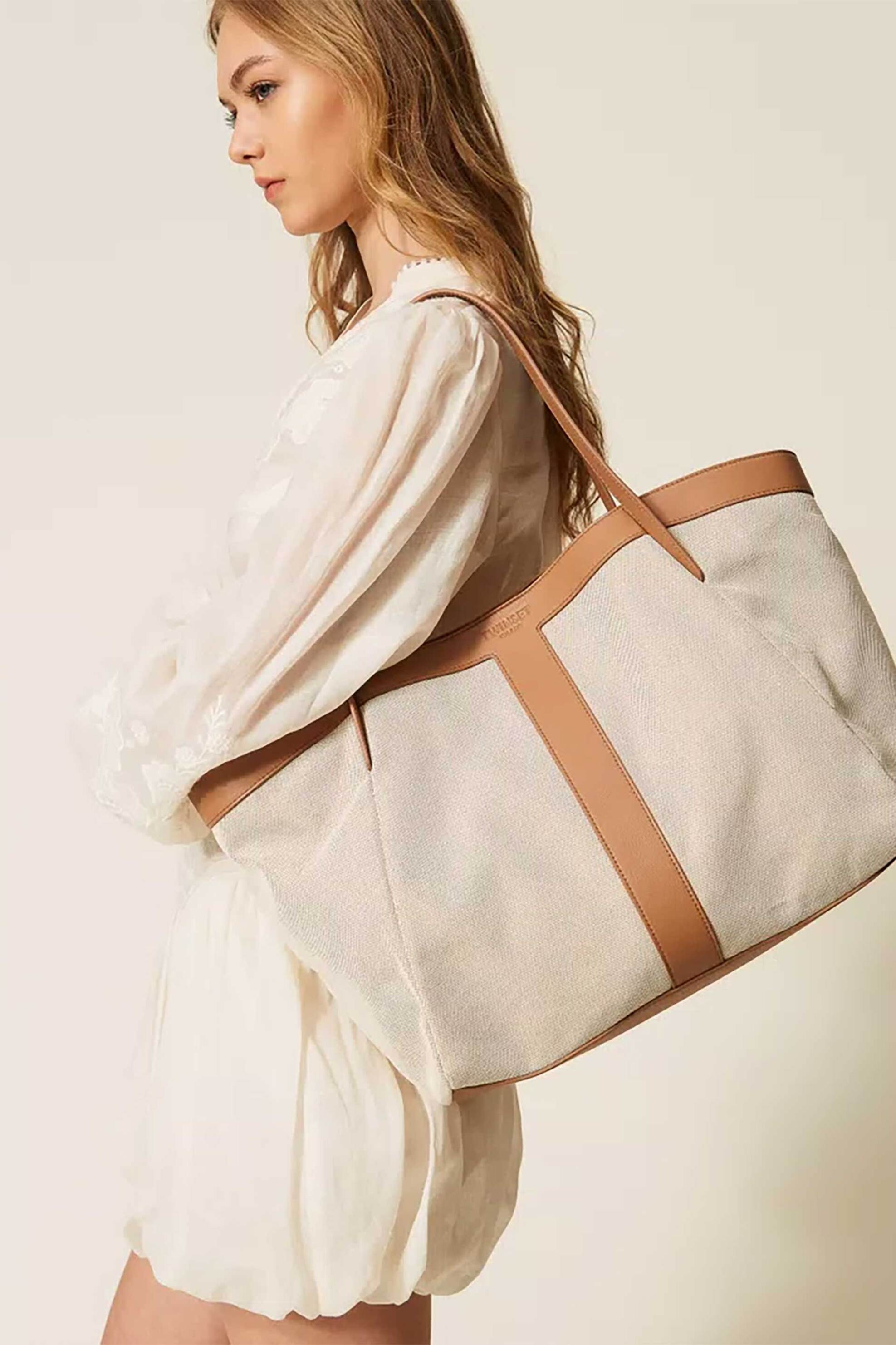 Twinset Γυναικεία Τσάντα Ώμου Shopper με Φινίρισμα από Δέρμα - 261Td8530 Μπεζ