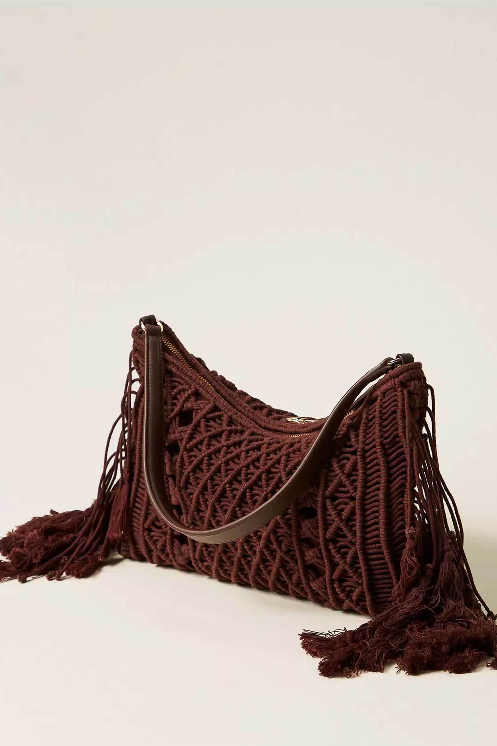 TWINSET Twinset γυναικεία τσάντα ώμου hobo με μεταλλικό monogram - 261TD8110 Καφέ - 2