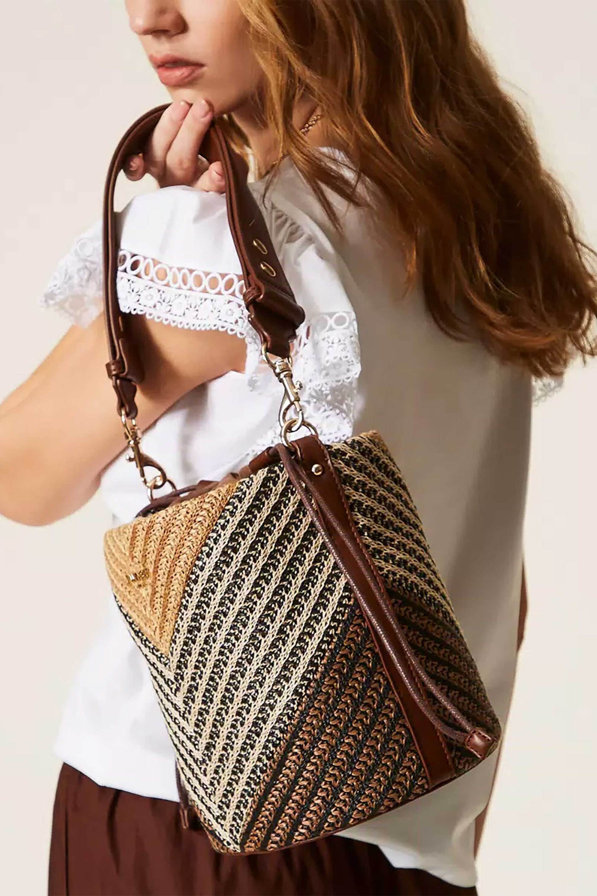 Twinset Γυναικεία Τσάντα Bucket Jacquard Raffia - 261Td8502 Καφέ