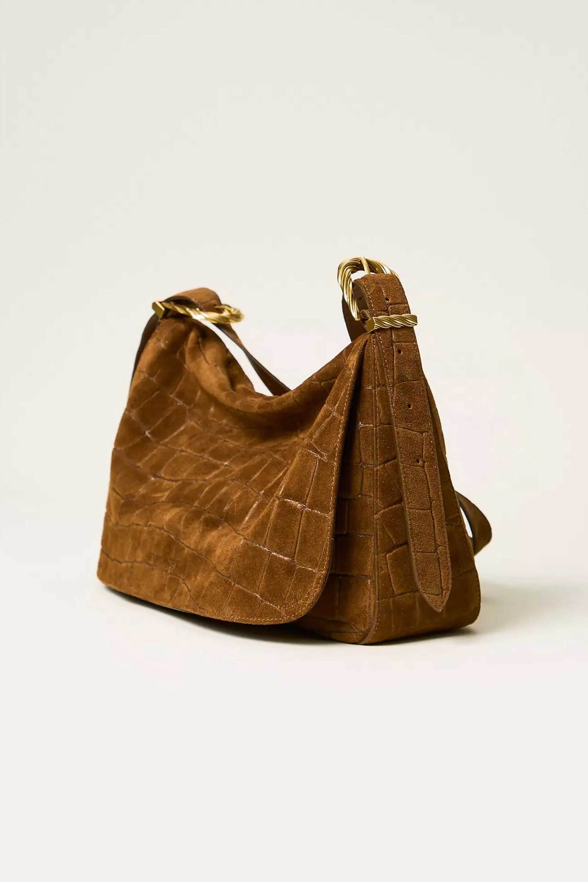Twinset γυναικεία τσάντα ώμου suede με crocodile print 