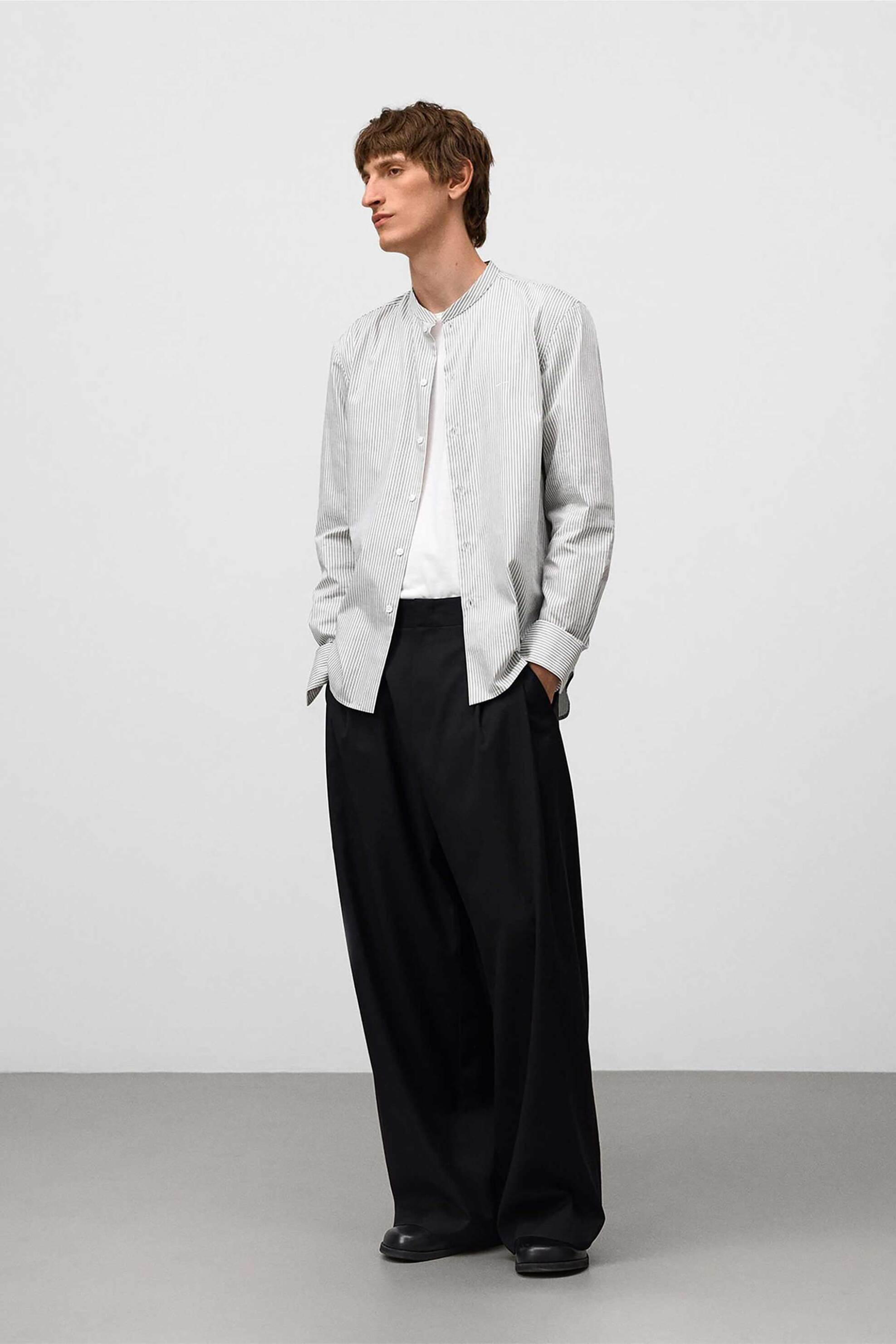 Adolfo Domínguez ανδρικό πουκάμισο με ριγέ σχέδιο και μάο γιακά Regular Fit - 120231280 Πράσινο φωτογραφία