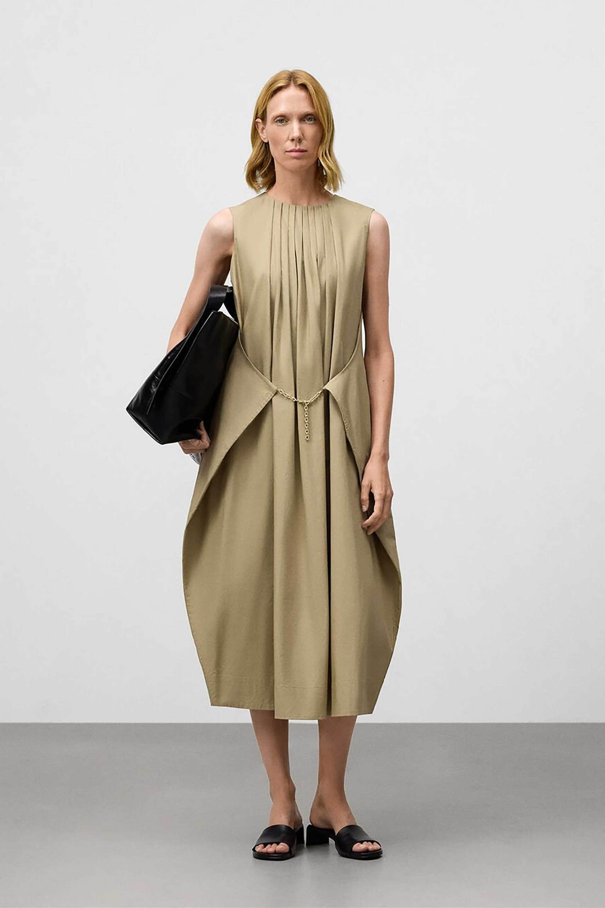 Adolfo Domínguez γυναικείο midi πλισέ φόρεμα αμάνικο μονόχρωμο - 291031083 Μπεζ