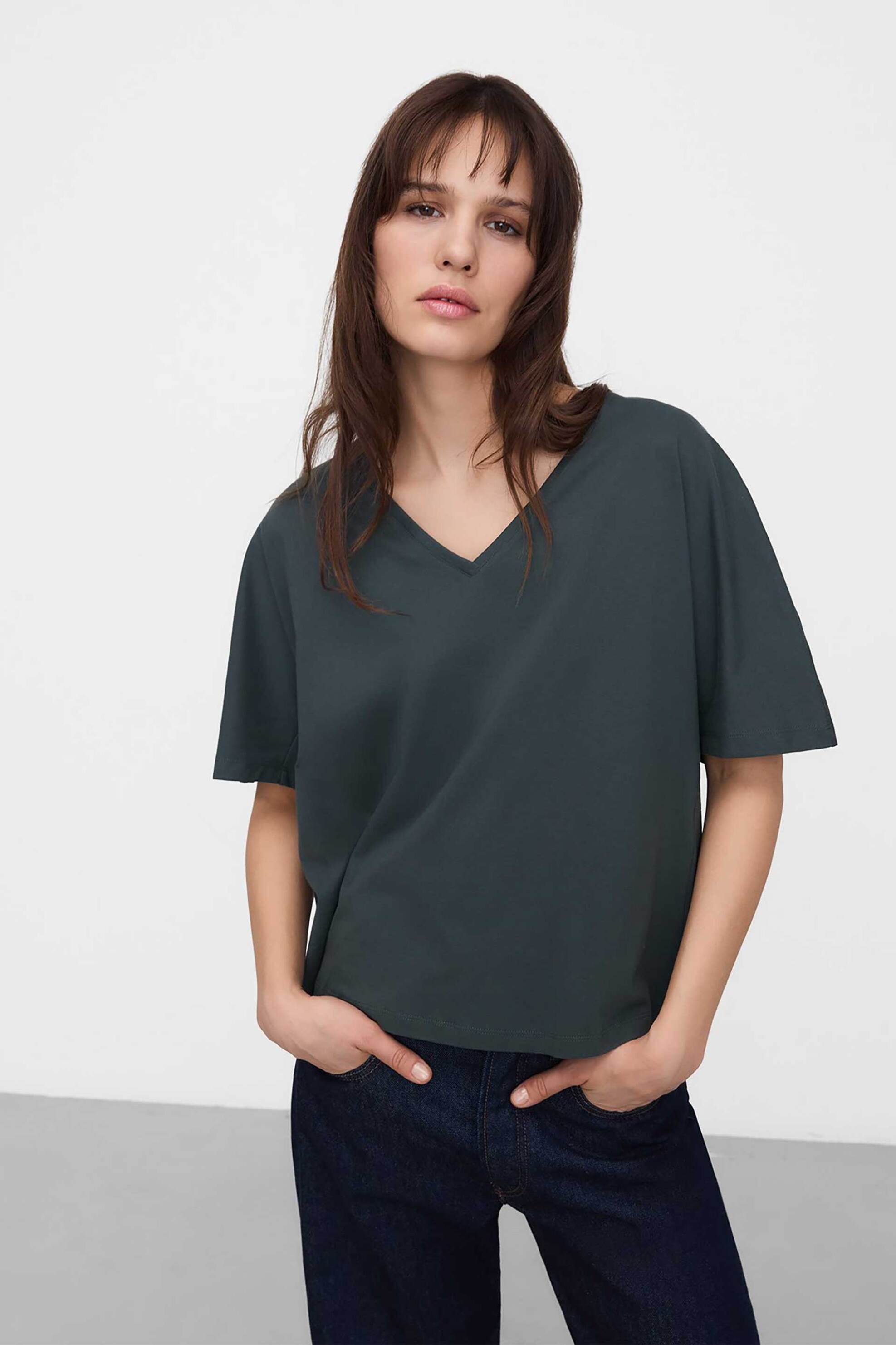 Adolfo Domínguez γυναικείο Τ-Shirt με V λαιμόκοψη - 272031782 Πετρόλ
