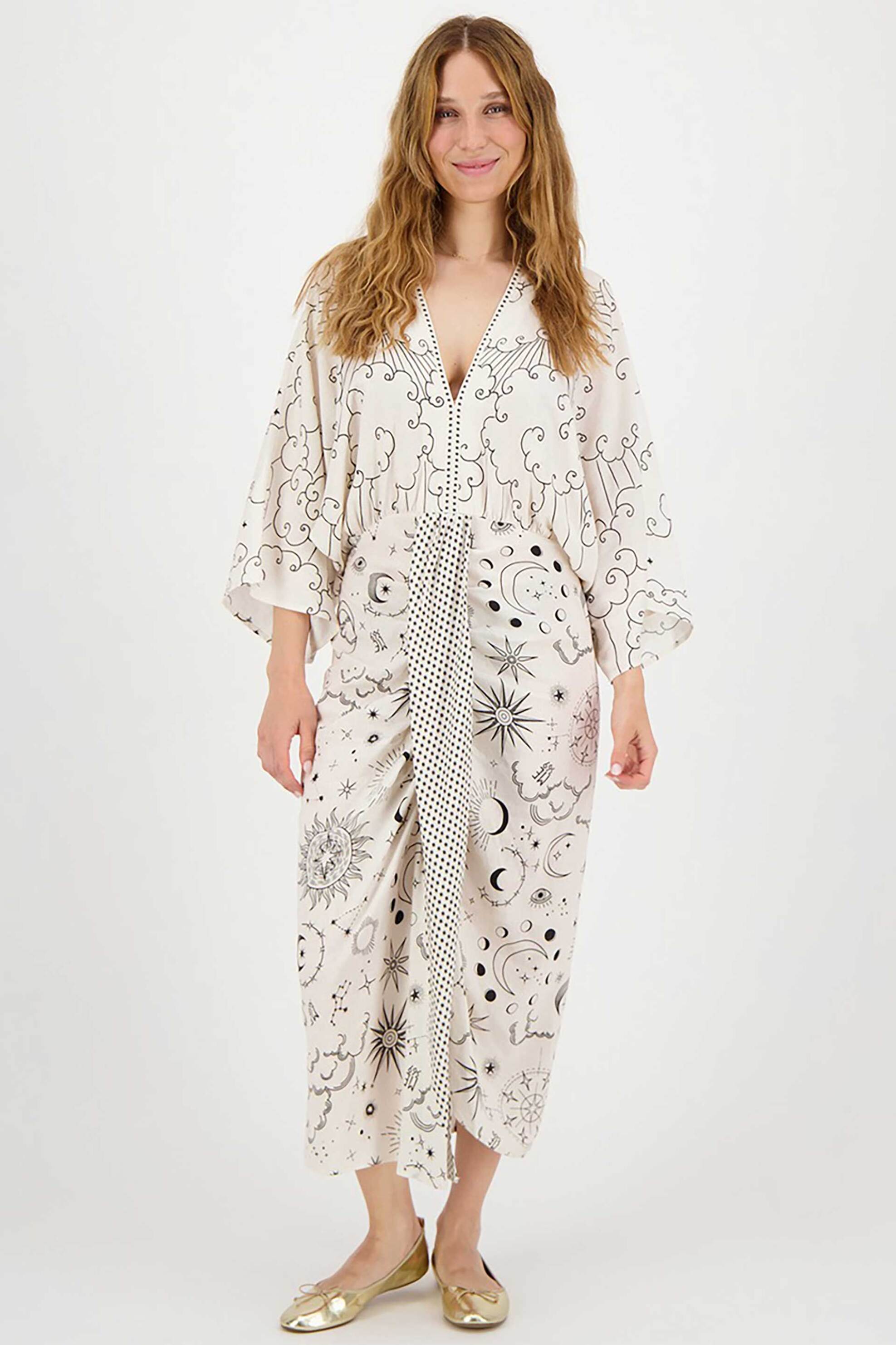 ME369 ME369 γυναικείο κιμονό midi με all-over print "Sophia Kimono Zodiac" - 70845/SS25 Εκρού