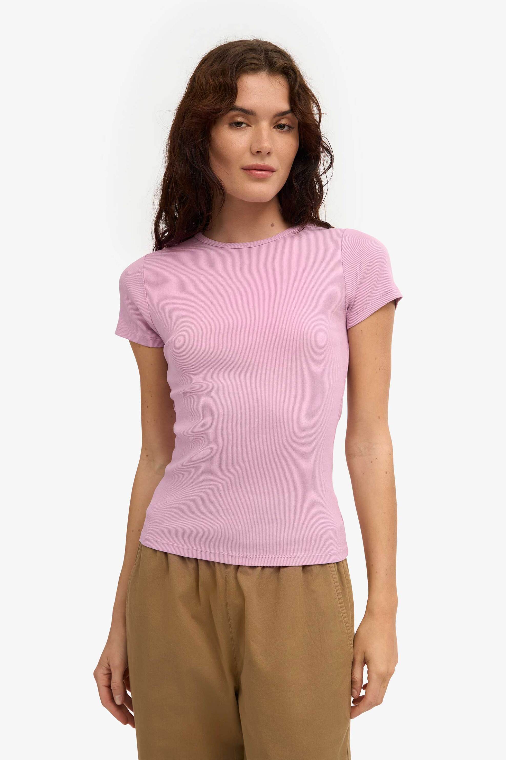 Colorful Standard γυναικείο T-shirt μονόχρωμο ribbed Slim Fit - CS2058 Ροζ