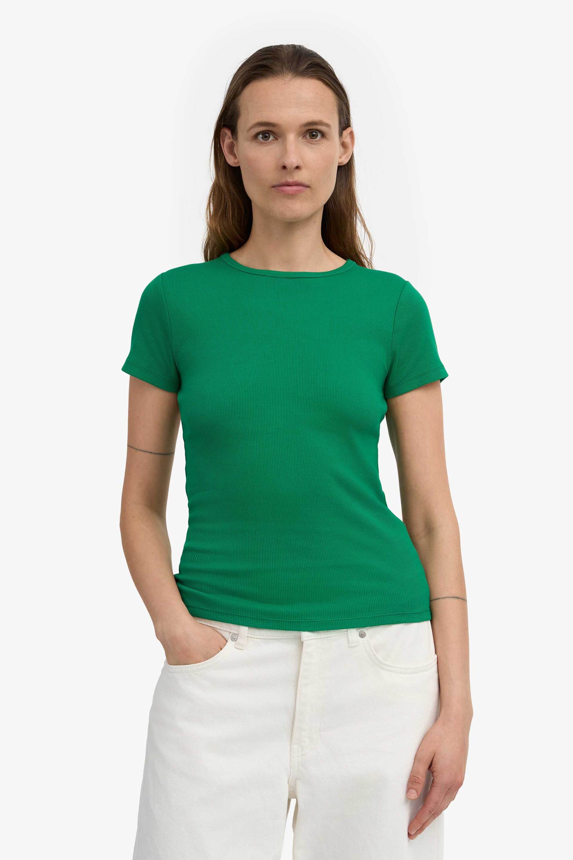 Colorful Standard γυναικείο T-shirt μονόχρωμο ribbed Slim Fit - CS2058 Πράσινο
