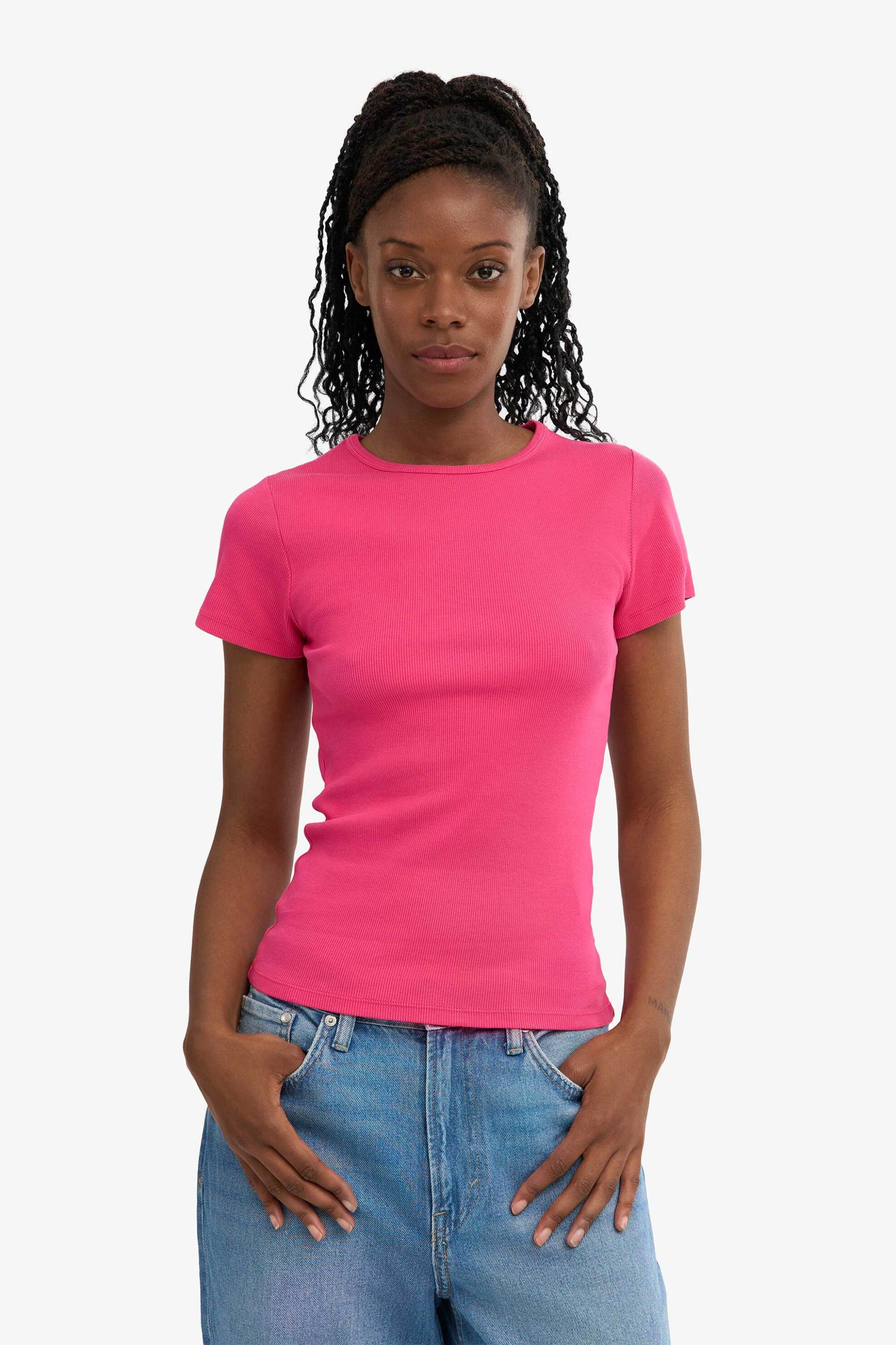 Colorful Standard γυναικείο T-shirt μονόχρωμο ribbed Slim Fit - CS2058 Φούξια