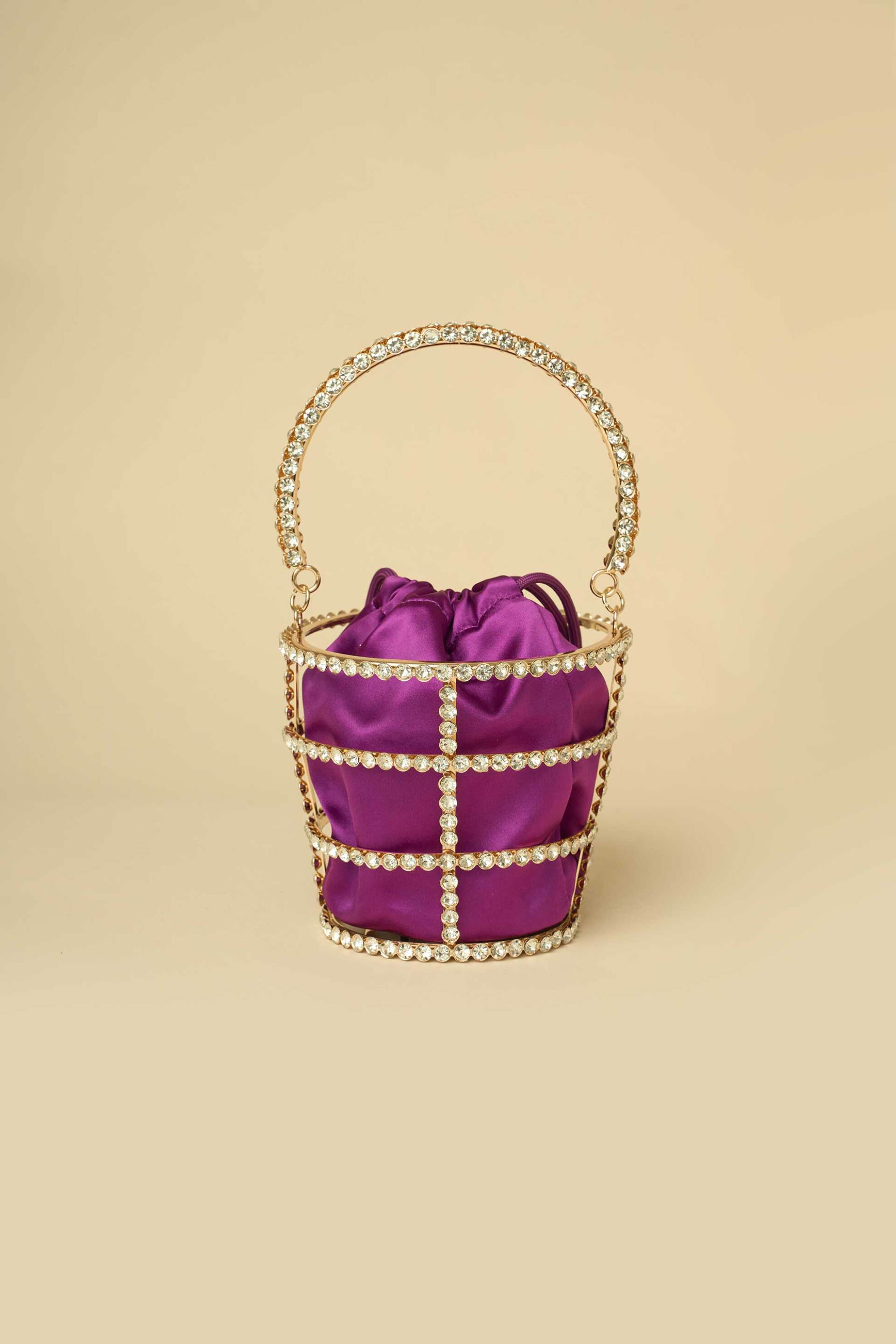 LADY DIVA Lady Diva γυναικεία mini τσάντα bucket με μεταλλικό σκελετό με πέρλες και αποσπώμενη σατέν θήκη - S24.LD606 Βιολετί