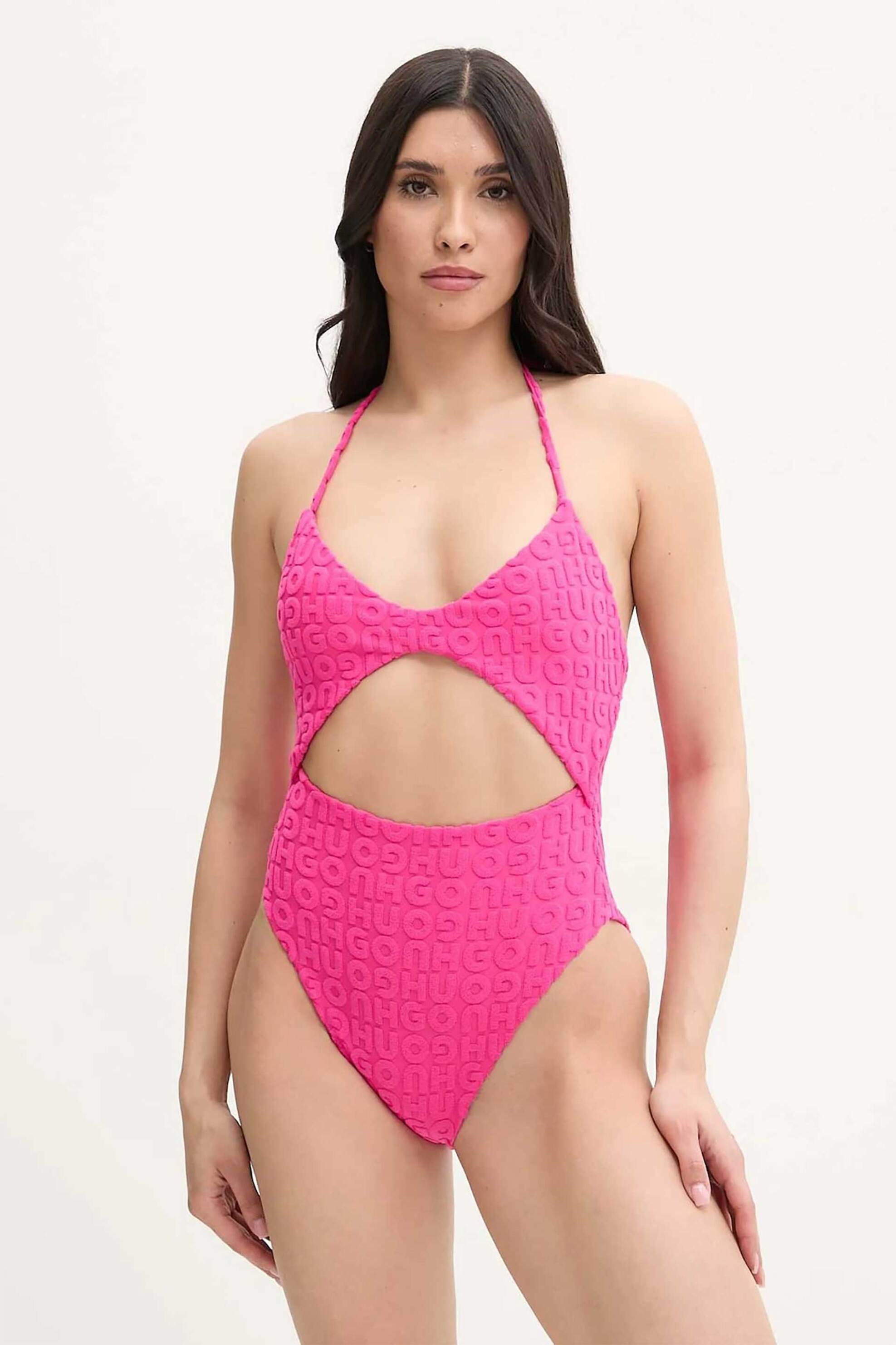 Hugo Boss γυναικείο μαγιό ολόσωμο με cut-out και all-over ανάγλυφο λογότυπο "Towel" - 50540229 Φούξια