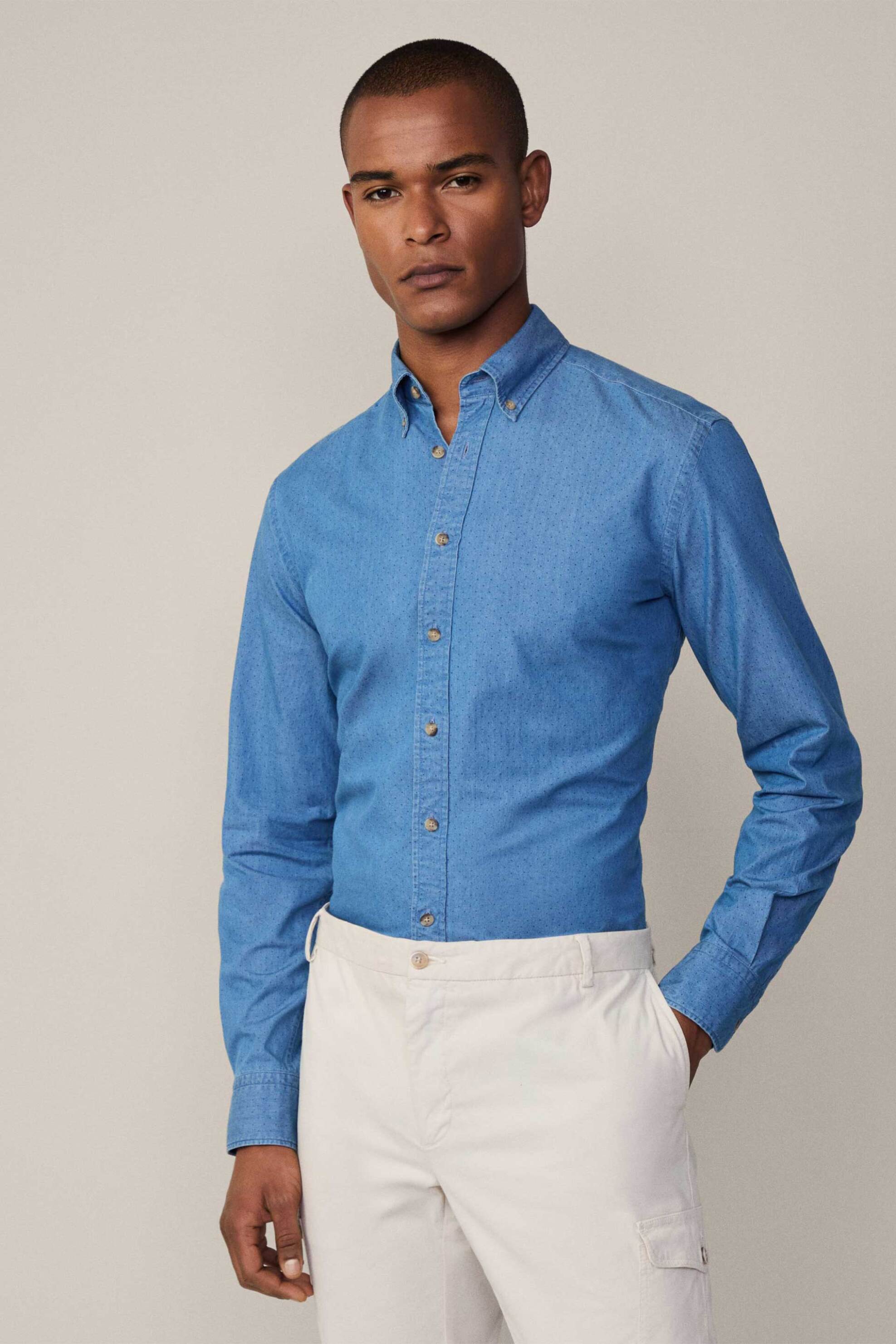 Hackett ανδρικό denim πουκάμισο button down με πουά σχέδιο Tailored Fit - HM3010056 Denim Blue